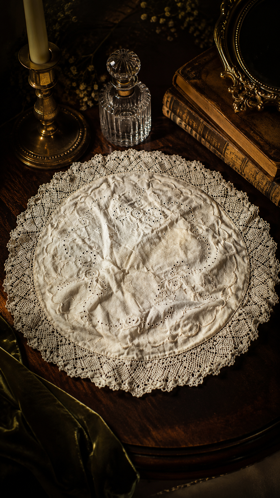 Antique Whitework Embroidered Linen Doily with Crochet Lace Border, Circa 1920s–1940s