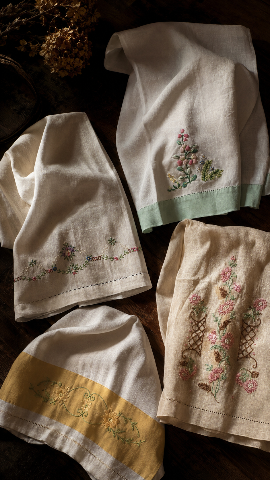 Vintage Embroidered Linen Dresser Scarves & Guest Towels, Mixed Floral Textile Lot, Circa 1940s–1960s