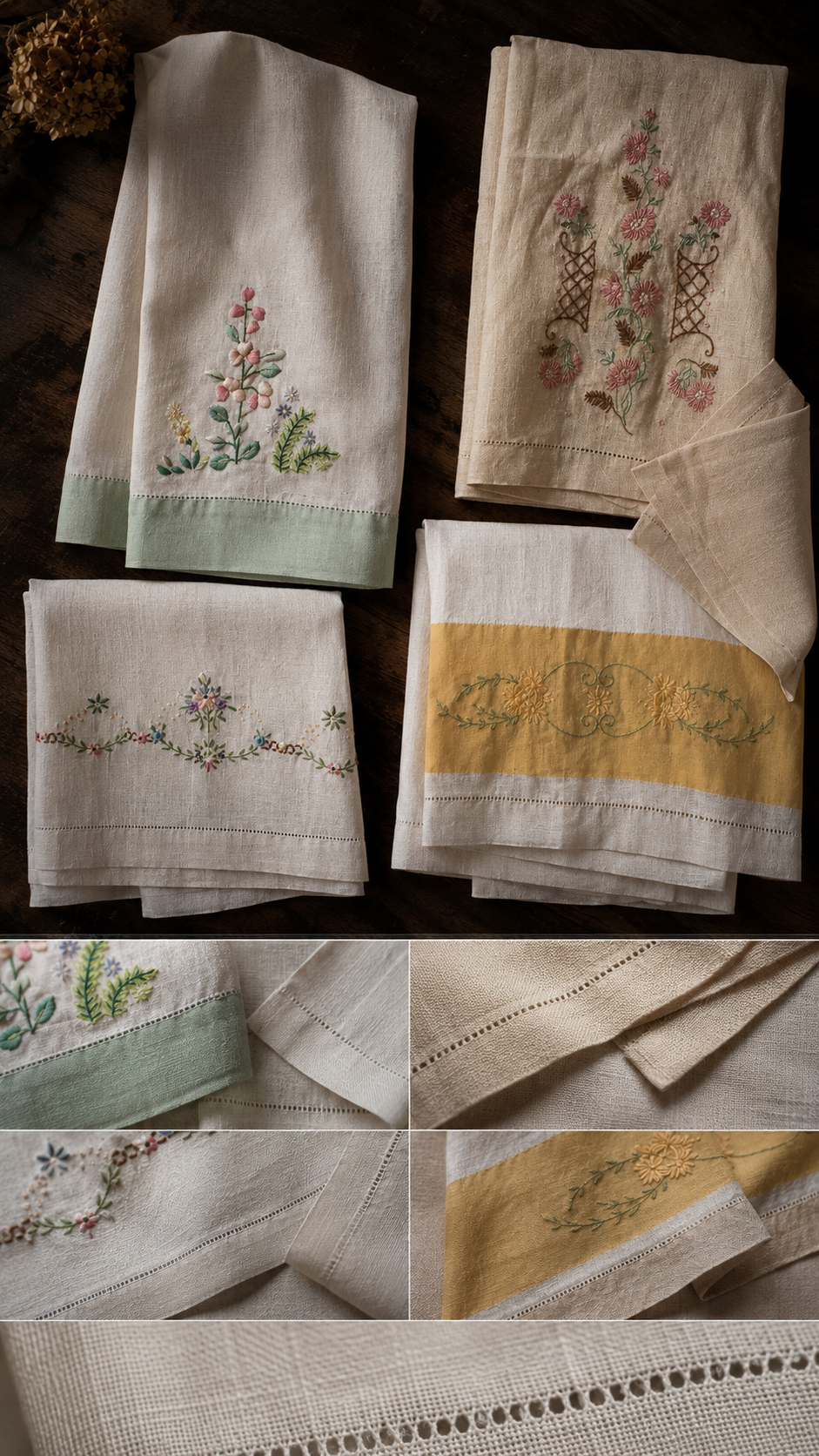 Vintage Embroidered Linen Dresser Scarves & Guest Towels, Mixed Floral Textile Lot, Circa 1940s–1960s