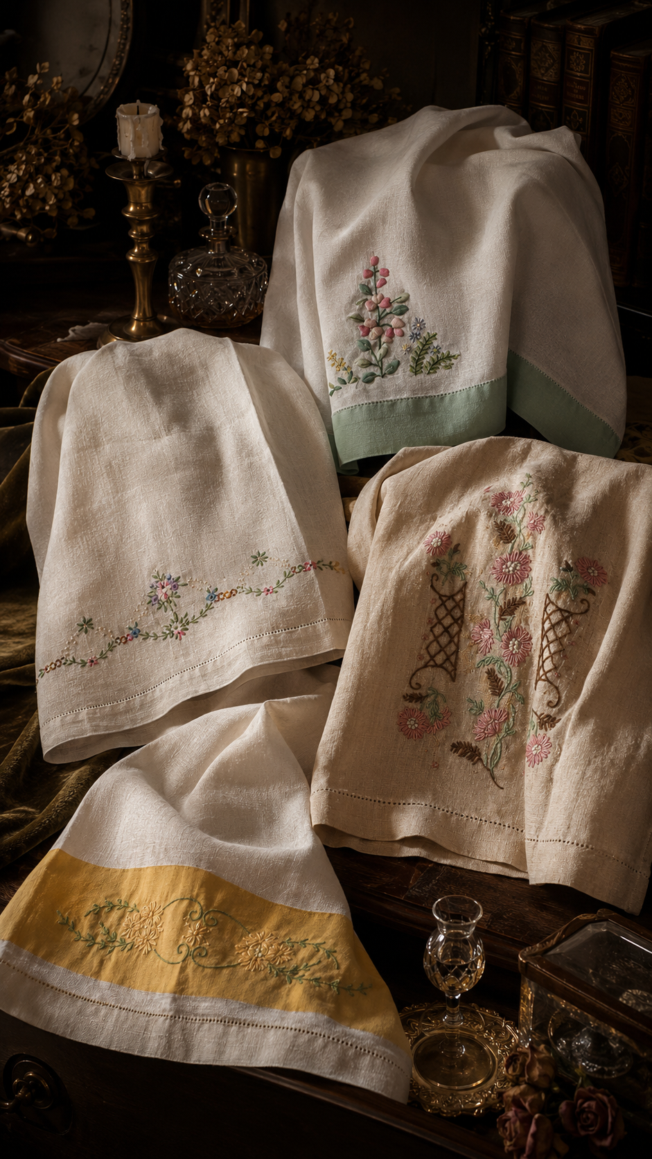 Vintage Embroidered Linen Dresser Scarves & Guest Towels, Mixed Floral Textile Lot, Circa 1940s–1960s