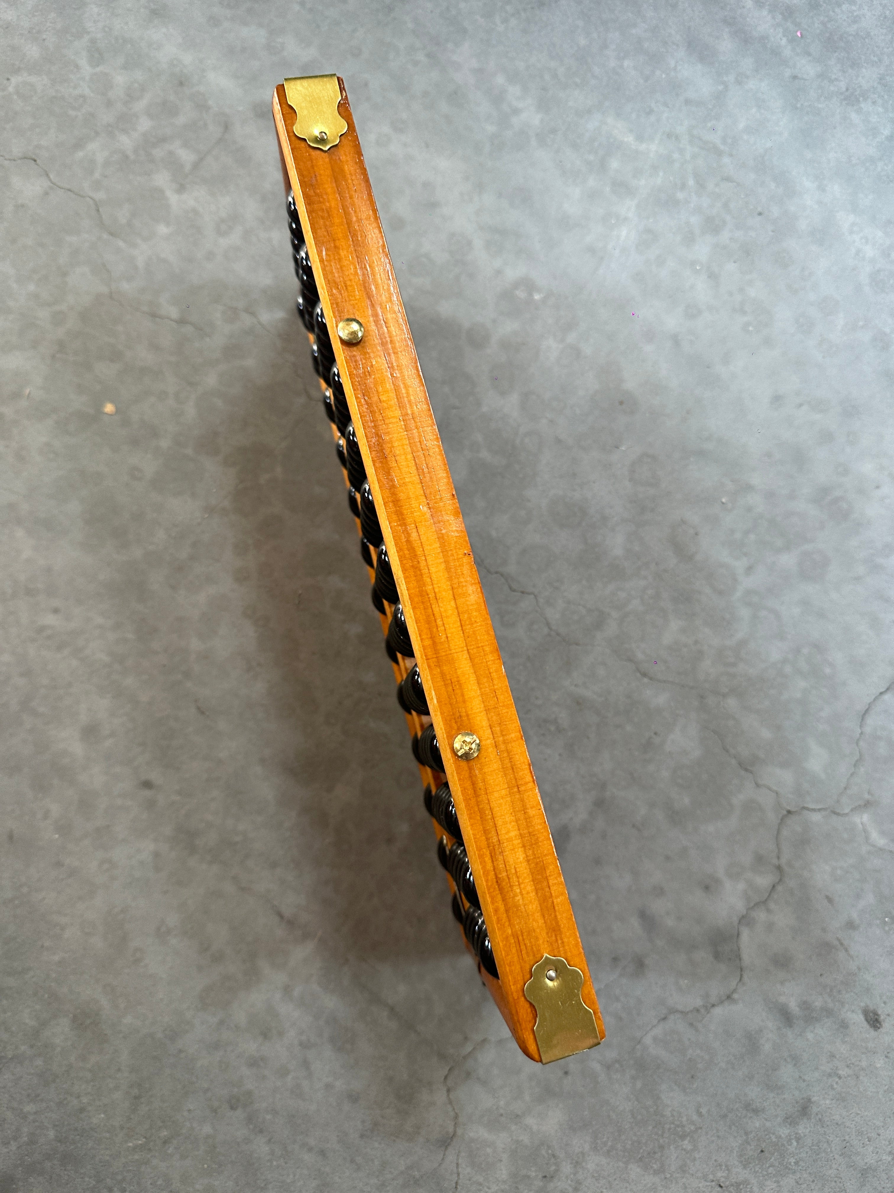 Vintage Chinese Wood & Brass Abacus With Black Lacquer Beads