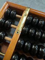 Vintage Chinese Wood & Brass Abacus With Black Lacquer Beads