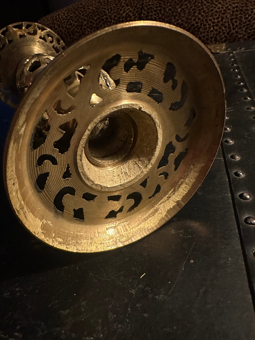 Vintage Pierced Brass Pillar Candle Holder