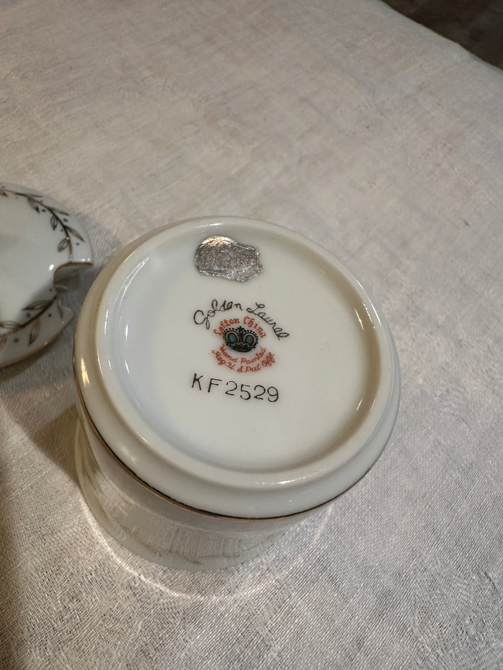 Vintage Golden Laurel Porcelain Covered Jam Jar, Hand-Painted 22K Gold, c. 1960s–1980s