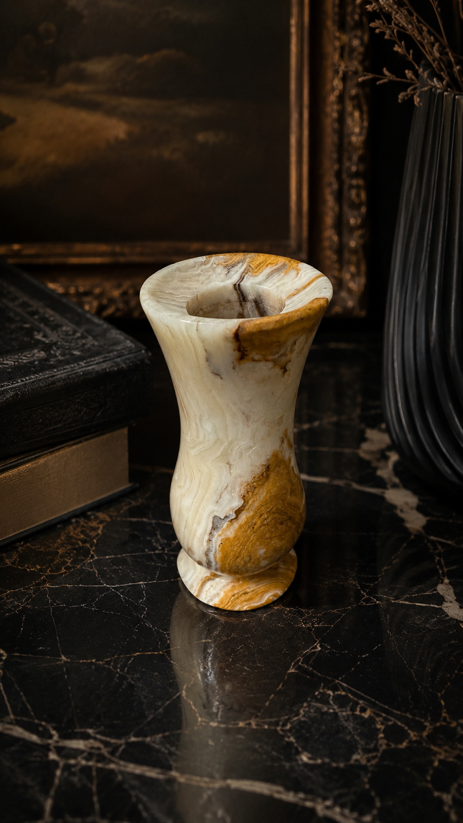 Carved Honey Onyx Bud Vase, c. 1960s | Banded Stone Single-Stem Vase