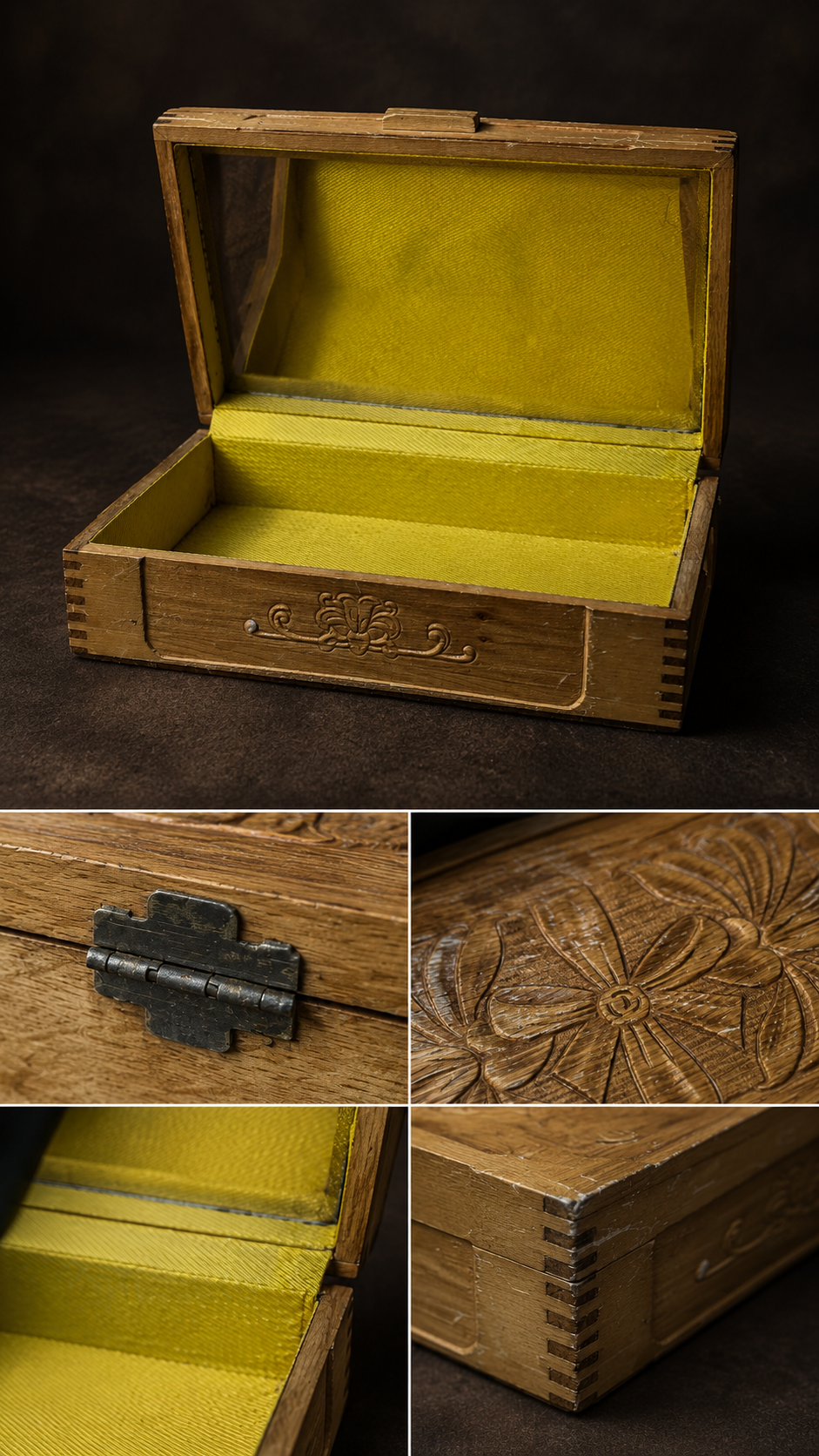 Carved Wood Jewelry Box, c. 1970s | Yellow Satin-Lined Keepsake Box