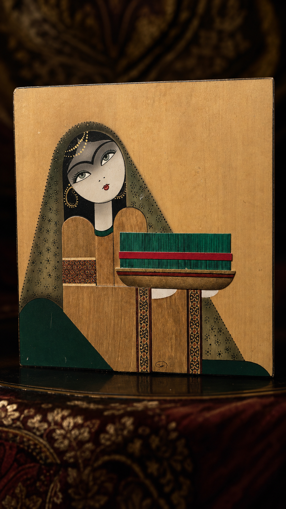 Signed Persian Khatamkari-Style Painted Wood Panel, c. 1960s–1980s