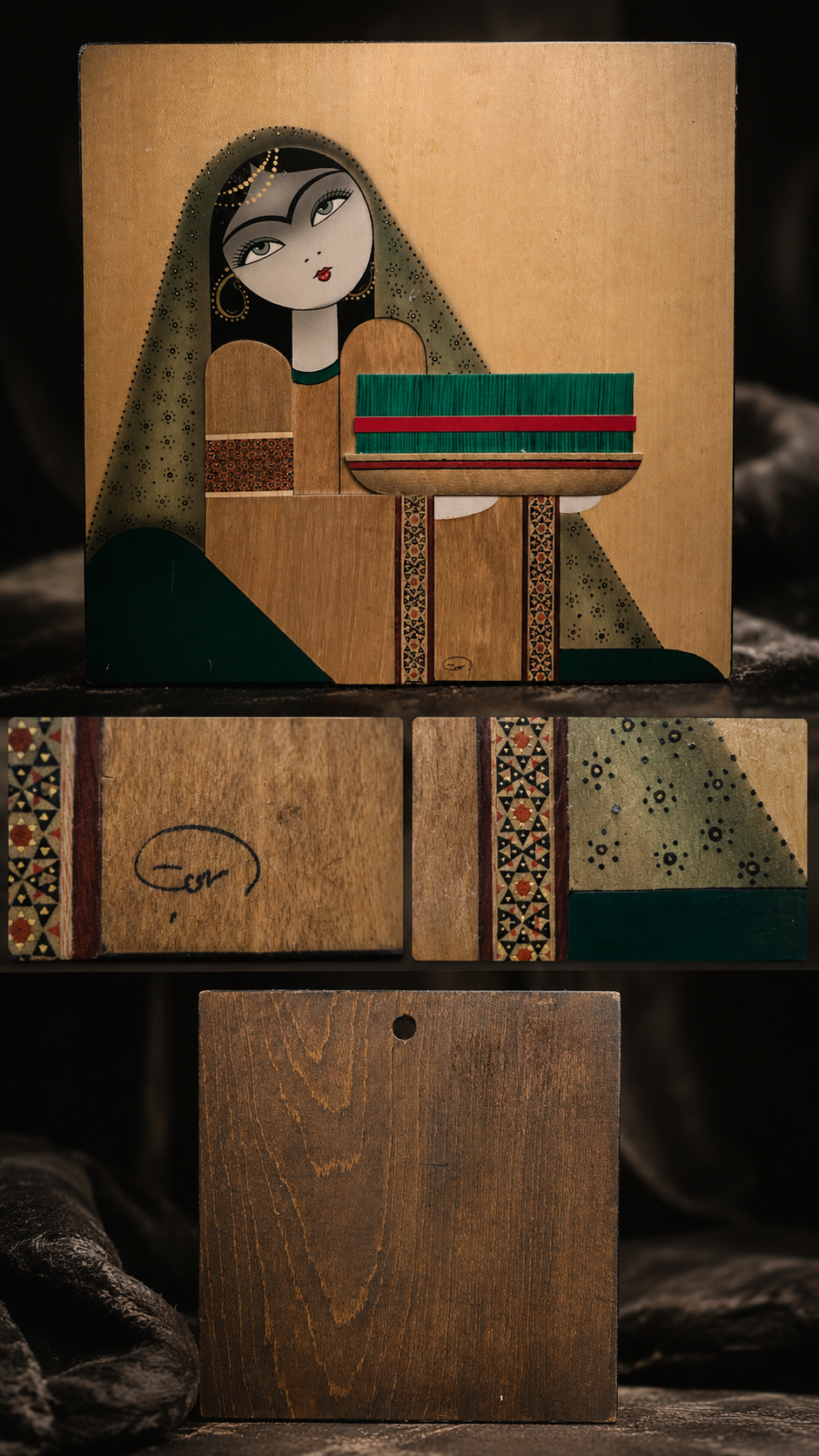Signed Persian Khatamkari-Style Painted Wood Panel, c. 1960s–1980s