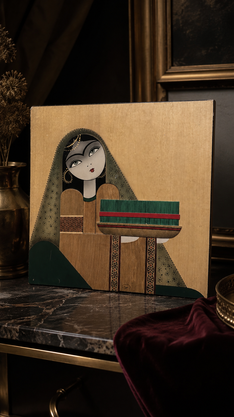 Signed Persian Khatamkari-Style Painted Wood Panel, c. 1960s–1980s