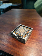 Set of Six Damascene Marquetry and Mother-of-Pearl Coasters with Fitted Caddy, Syria, c. 1940–1970