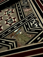 Set of Six Damascene Marquetry and Mother-of-Pearl Coasters with Fitted Caddy, Syria, c. 1940–1970
