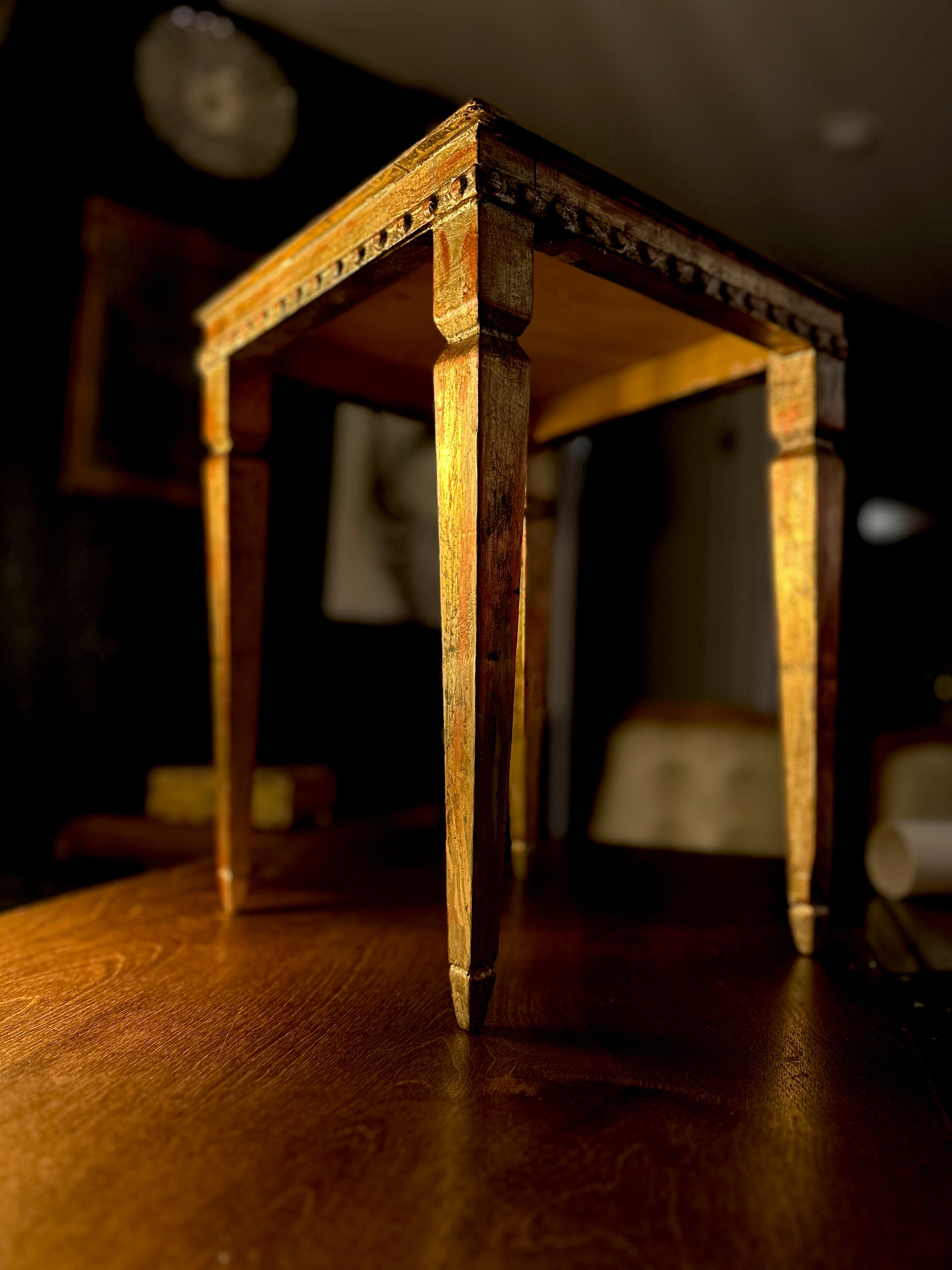 Antique Hand-Painted Side Table with Gilt Decoration and Turned Legs, c. 19th Century