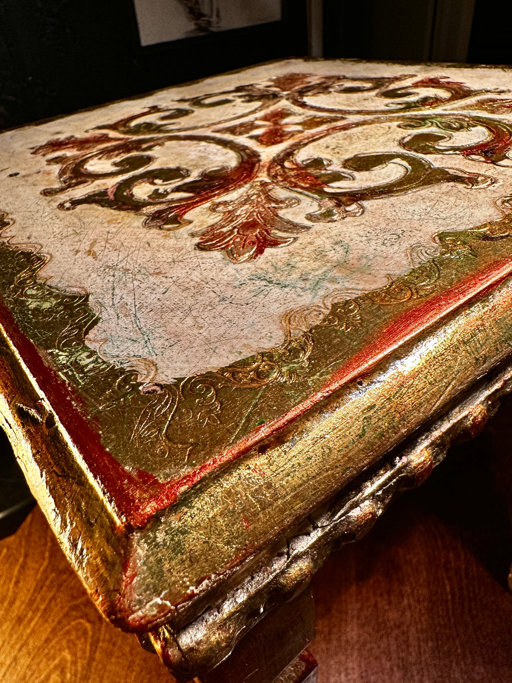 Antique Hand-Painted Side Table with Gilt Decoration and Turned Legs, c. 19th Century