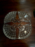 Set of Four Daisy and Button Pressed Glass Fan Relish Dishes, Assembling into a Round Tray, c. 1930–1970