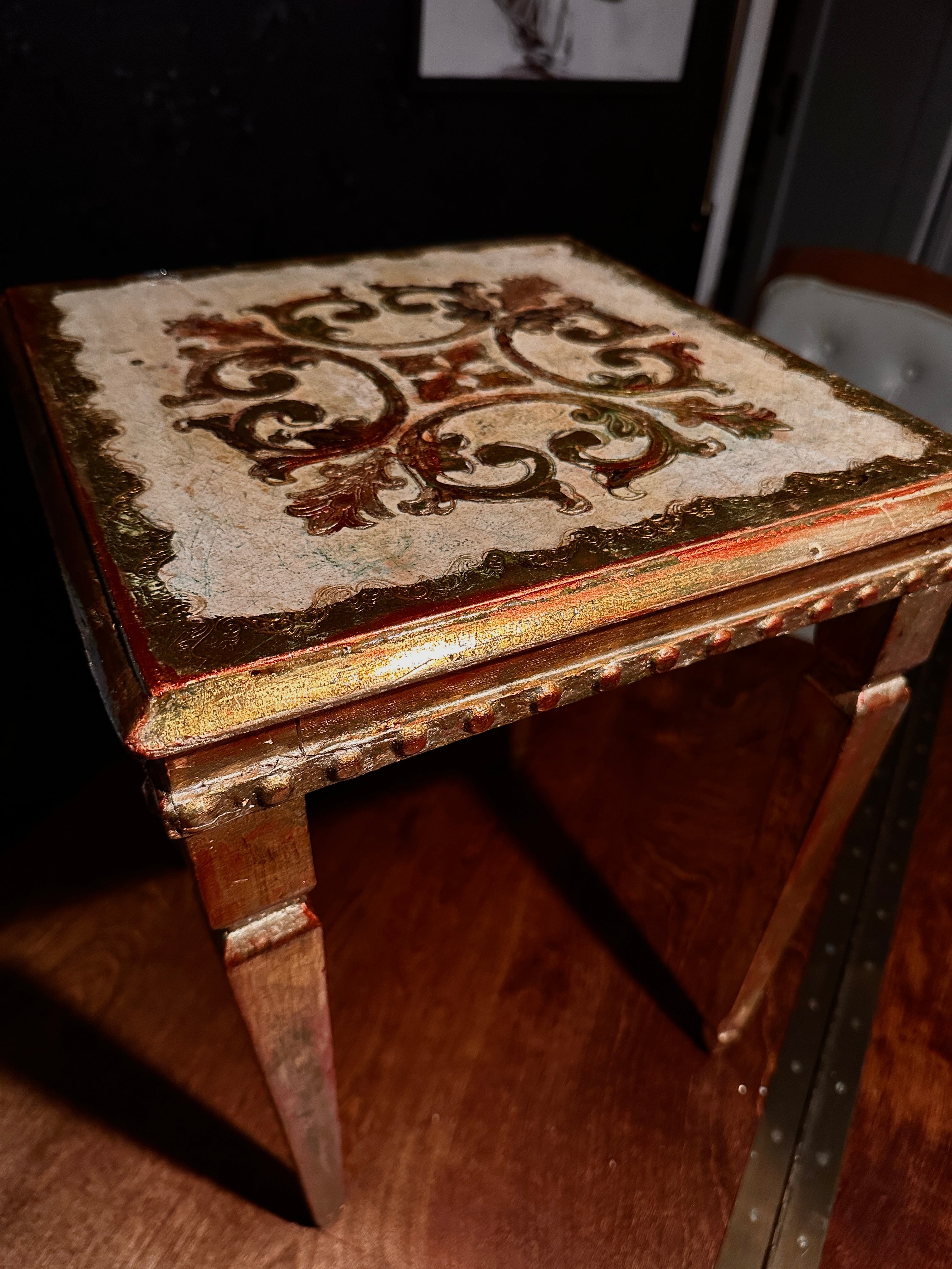 Antique Hand-Painted Side Table with Gilt Decoration and Turned Legs, c. 19th Century