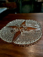 Set of Four Daisy and Button Pressed Glass Fan Relish Dishes, Assembling into a Round Tray, c. 1930–1970