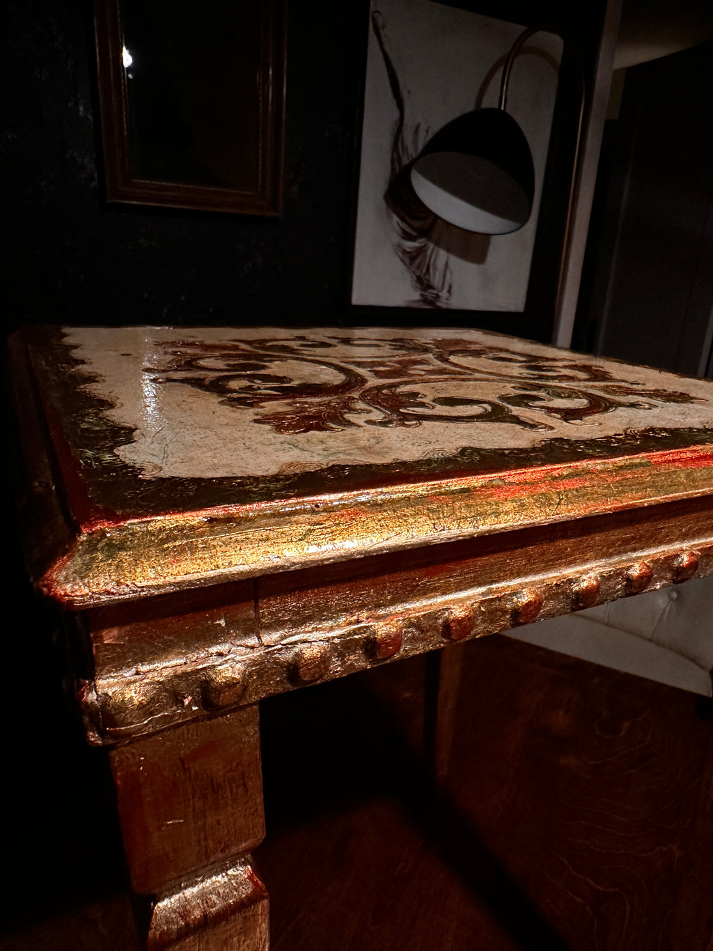 Antique Hand-Painted Side Table with Gilt Decoration and Turned Legs, c. 19th Century