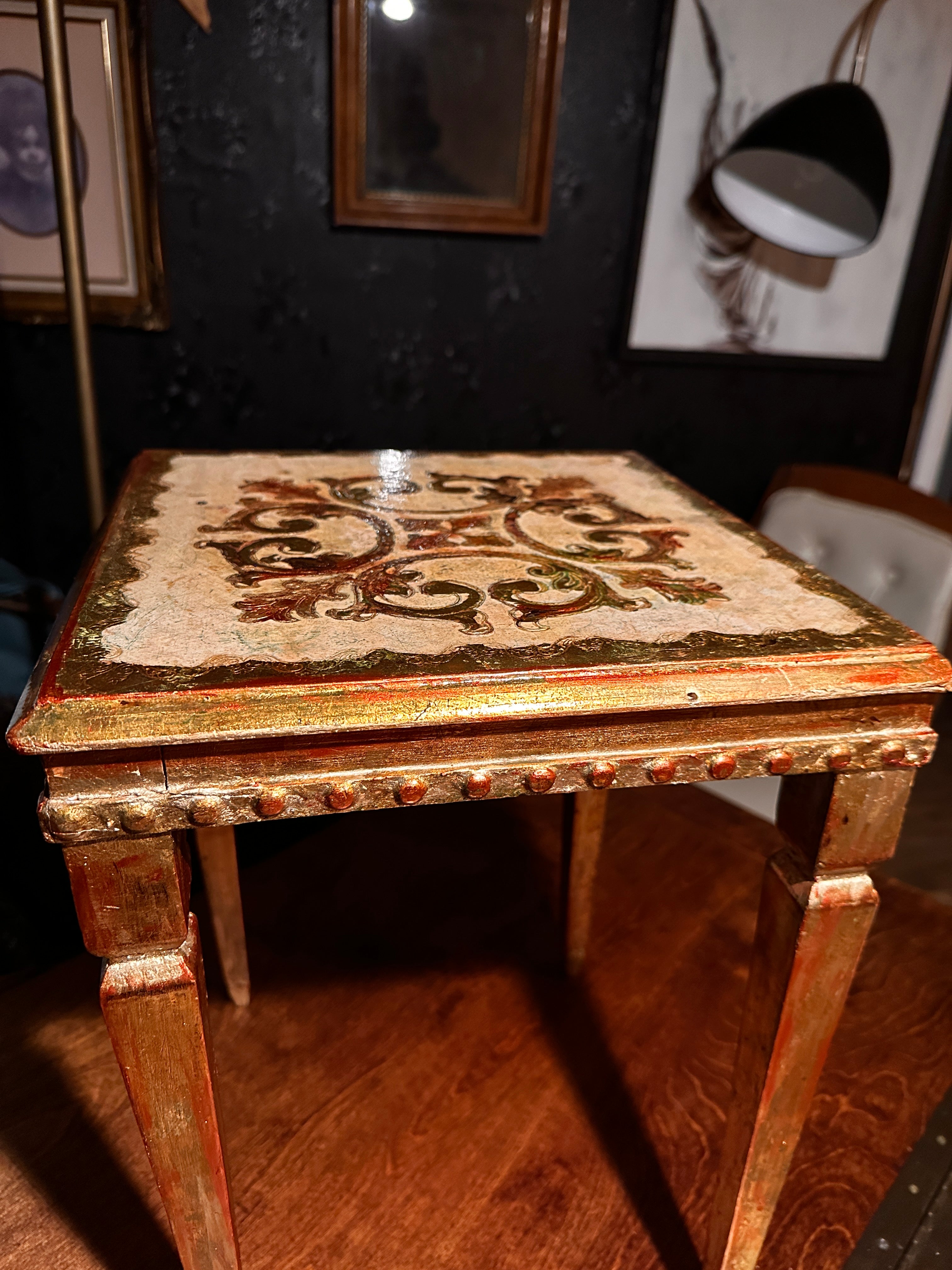Antique Hand-Painted Side Table with Gilt Decoration and Turned Legs, c. 19th Century