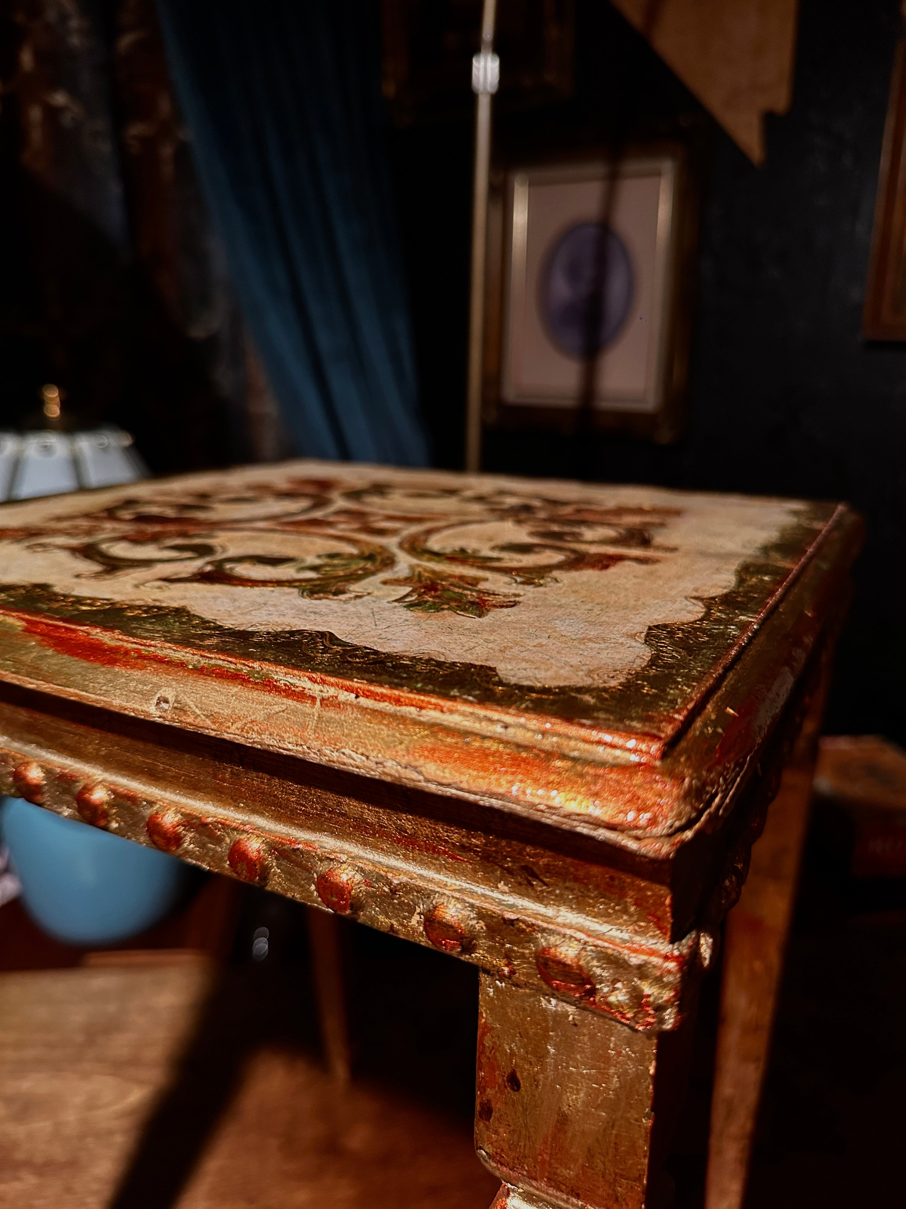 Antique Hand-Painted Side Table with Gilt Decoration and Turned Legs, c. 19th Century