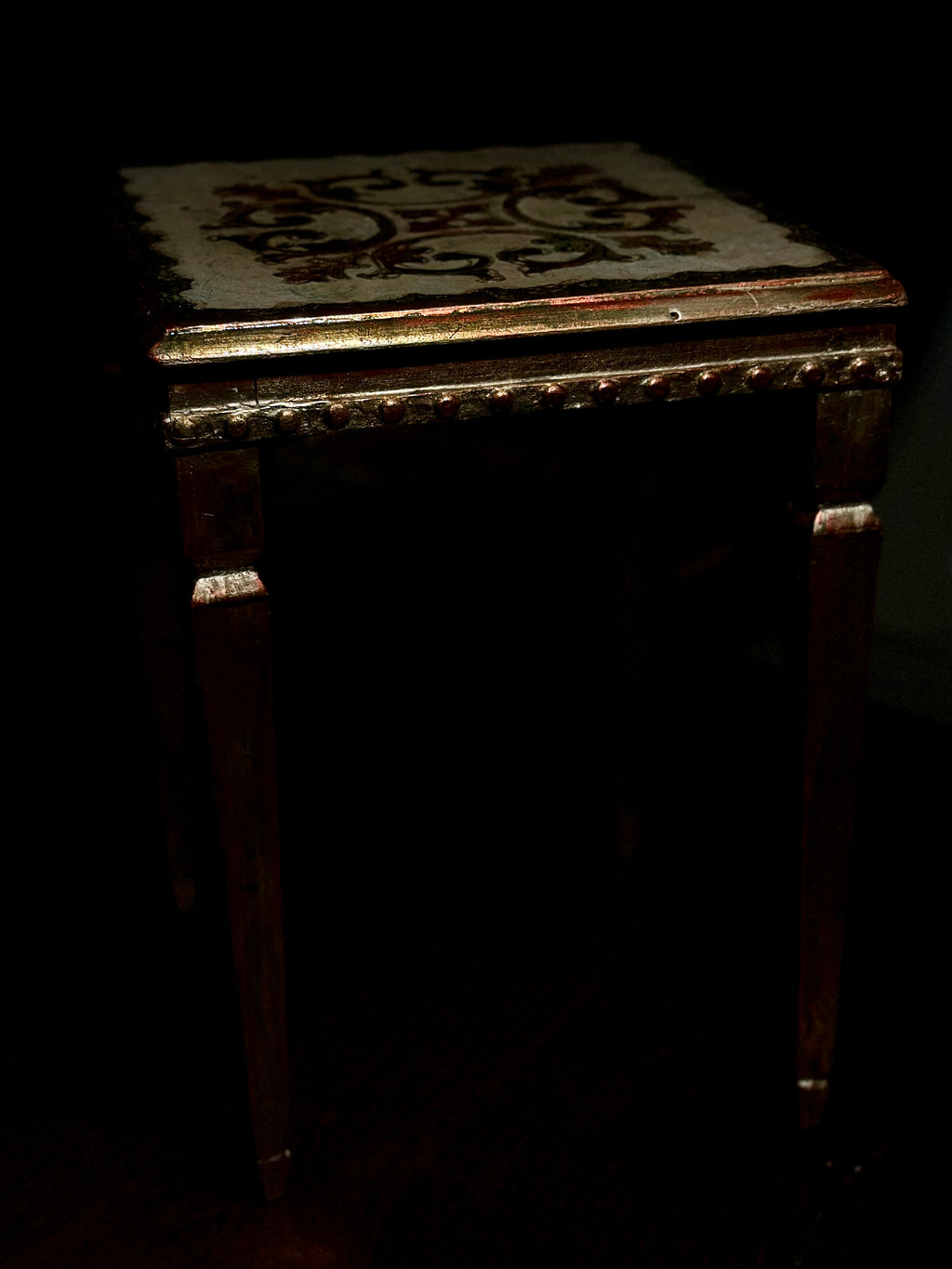 Antique Hand-Painted Side Table with Gilt Decoration and Turned Legs, c. 19th Century