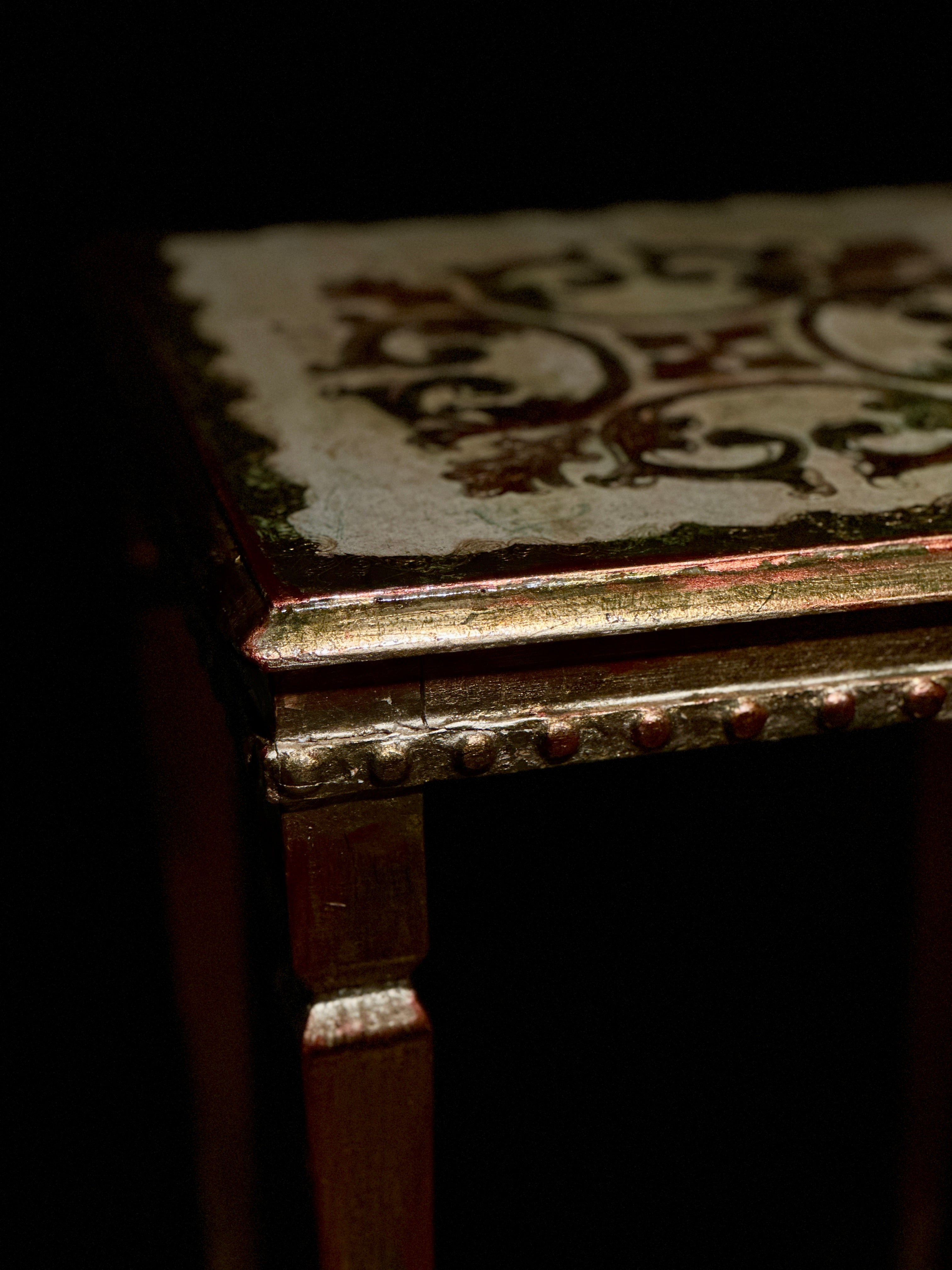 Antique Hand-Painted Side Table with Gilt Decoration and Turned Legs, c. 19th Century