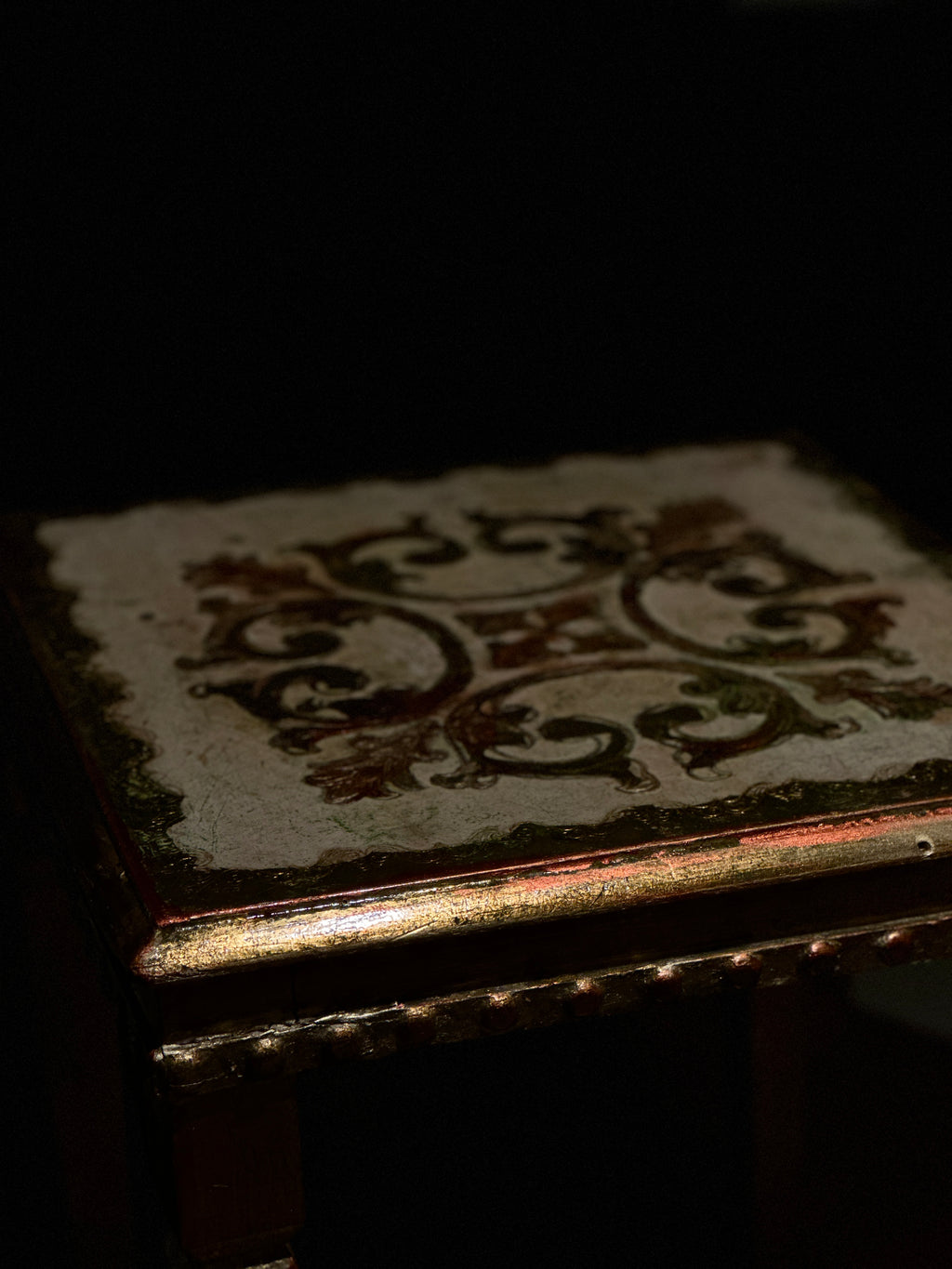 Antique Hand-Painted Side Table with Gilt Decoration and Turned Legs, c. 19th Century