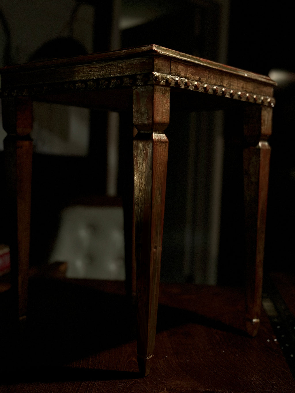 Antique Hand-Painted Side Table with Gilt Decoration and Turned Legs, c. 19th Century