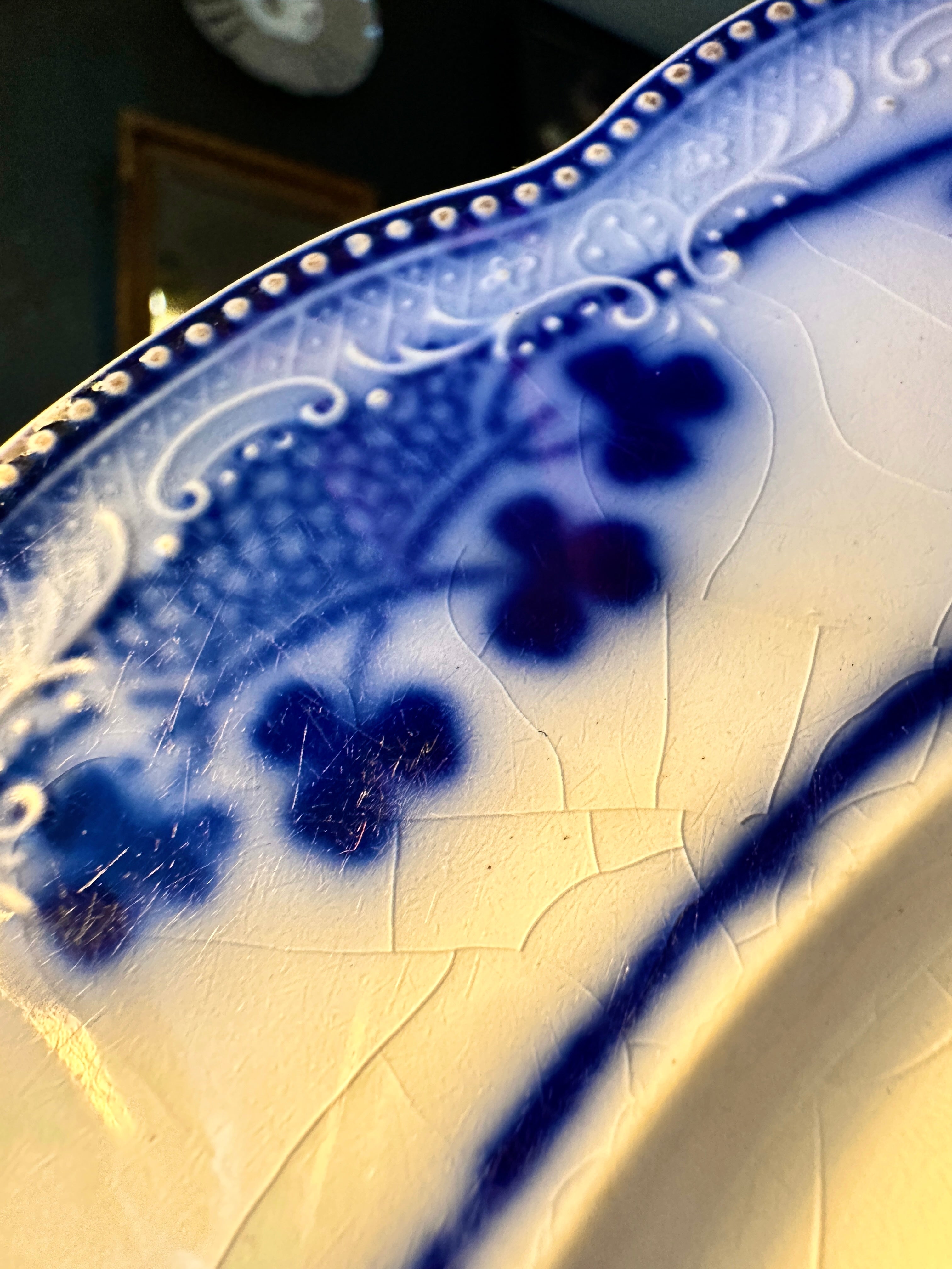 Antique Victorian Flow Blue Porcelain Dish, c.1880–1900