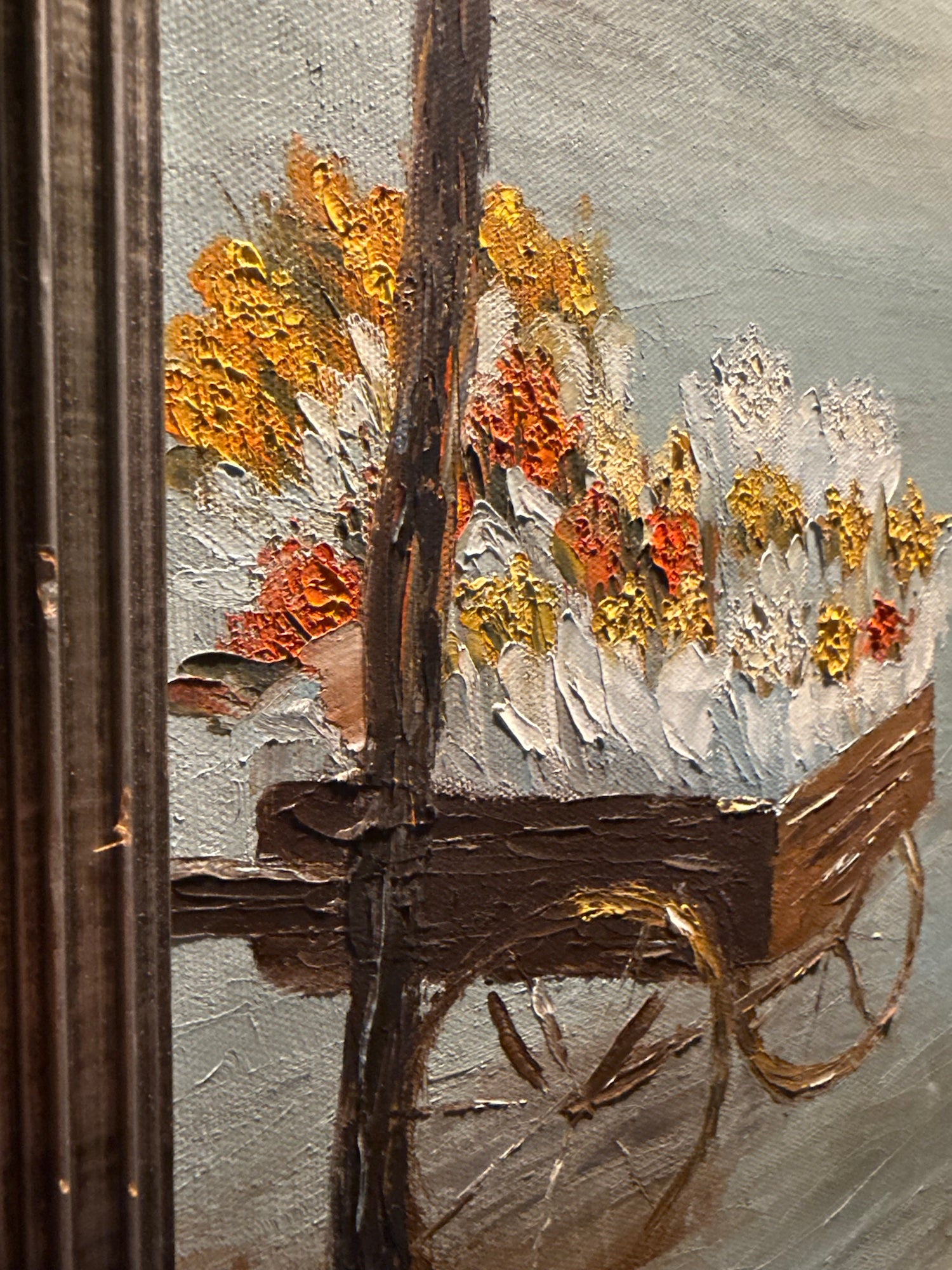 Parisian Street Scene with Tram and Flower Cart, Oil on Canvas, Edna Carter, c. 1960s–1970s