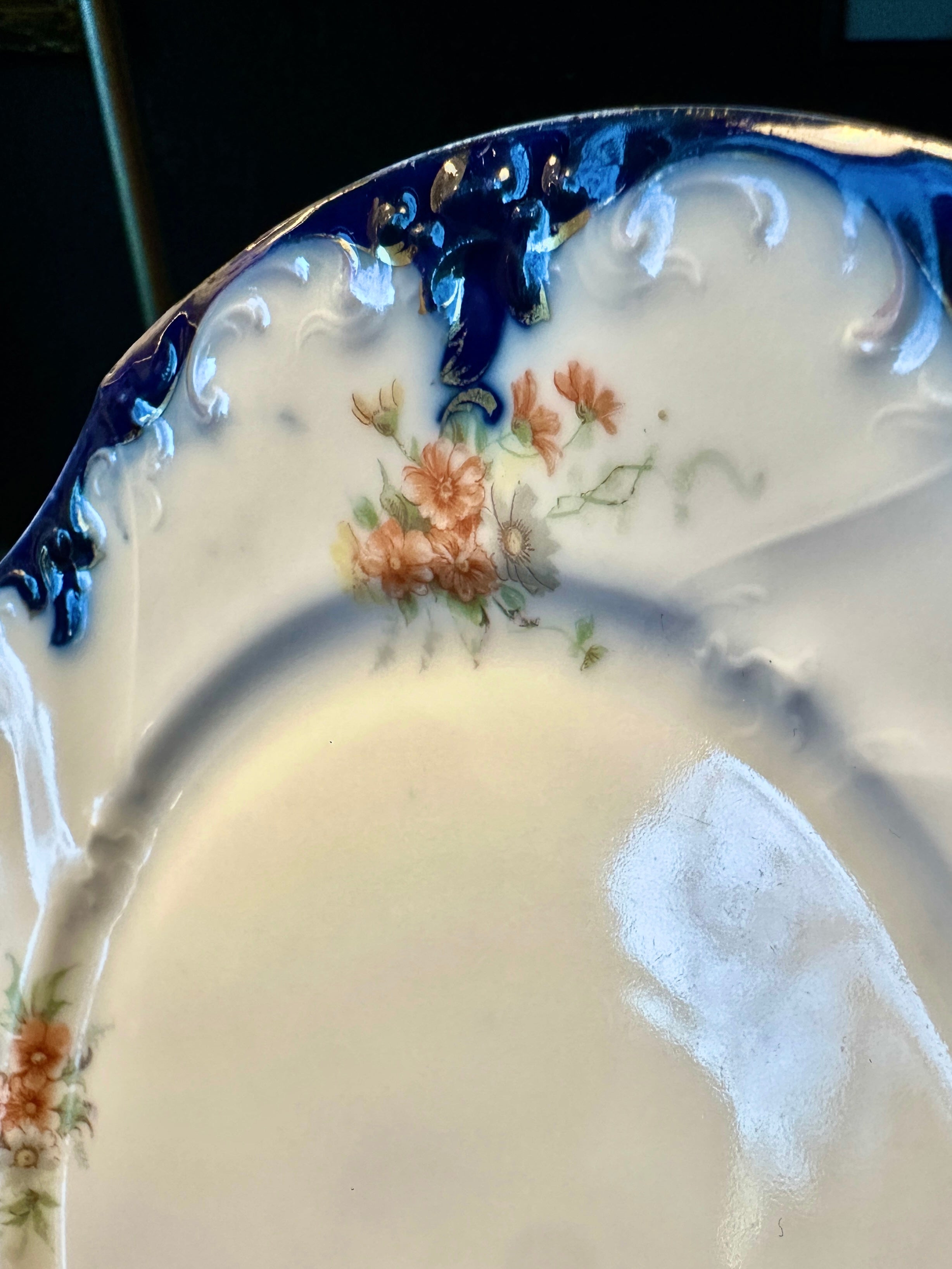 Antique German Porcelain Cabinet Plate with Cobalt Blue Rim, c.1890–1910