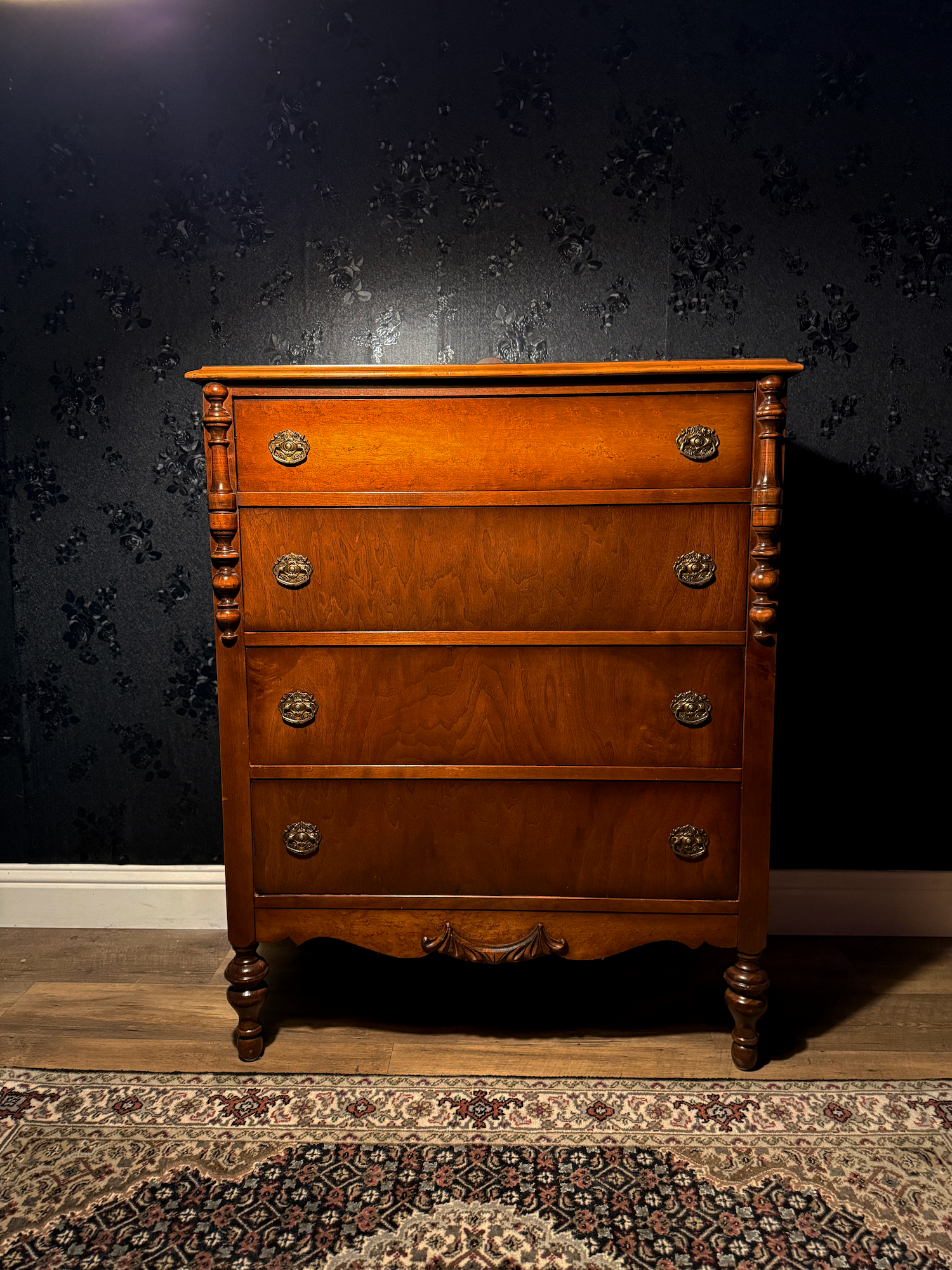 Four-Drawer Chest of Drawers with Turned Columns and Carved Apron, American, Walnut Veneer, c. 1910–1915