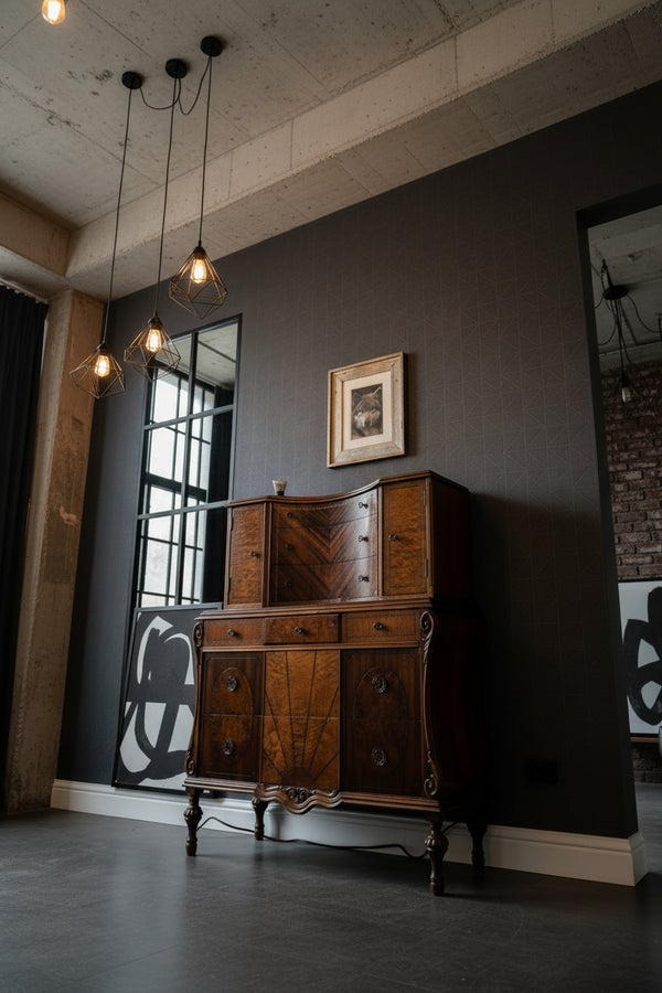 1930s Art Deco Waterfall Sideboard by Johnson Furniture Co. | Walnut Sunburst Buffet