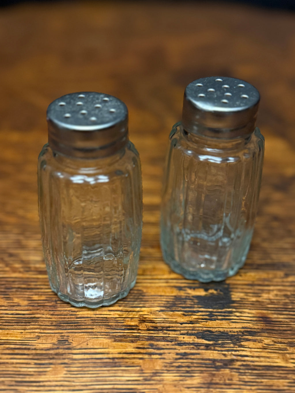 Mid-Century Ribbed Glass Salt & Pepper Shakers — Hazel-Atlas Glass Co., Wheeling, West Virginia — Circa 1940–1955
