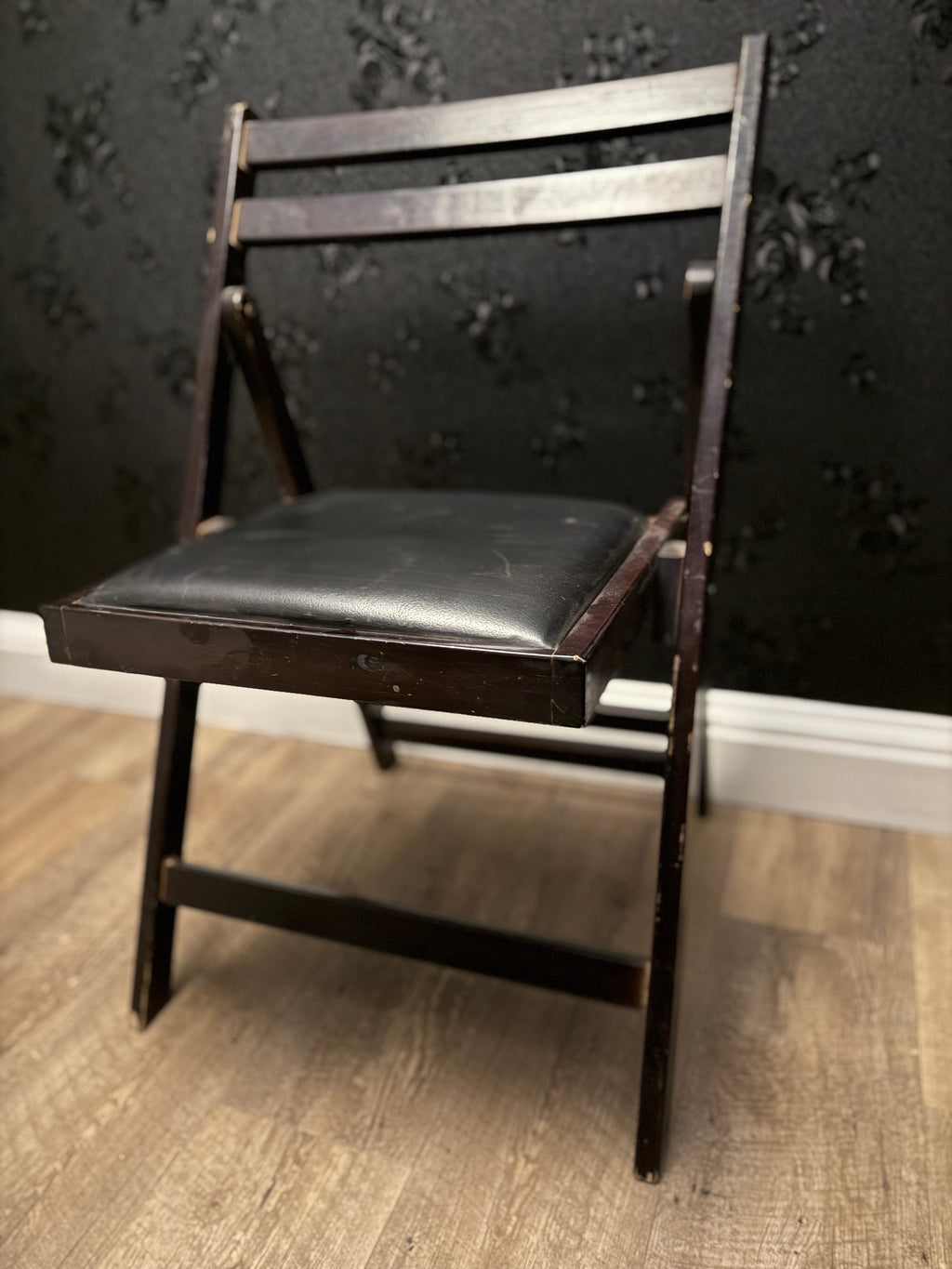 Mid-Century Stakmore-Style Folding Chair in Espresso Wood with Black Vinyl Seat, (Pair) Circa 1955–1960