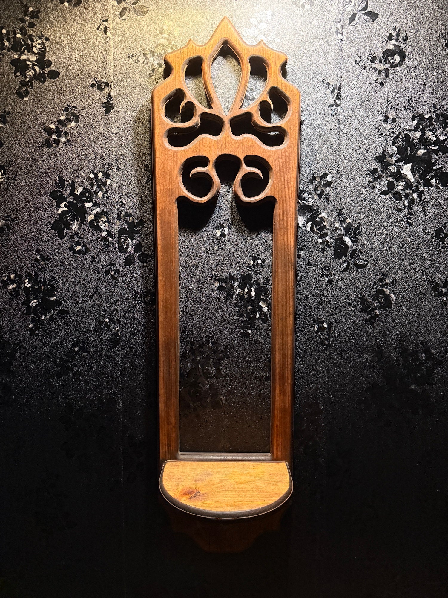 Late-Victorian Gothic Tracery Demilune Wall Bracket Shelf (Pine), c. 1885–1905