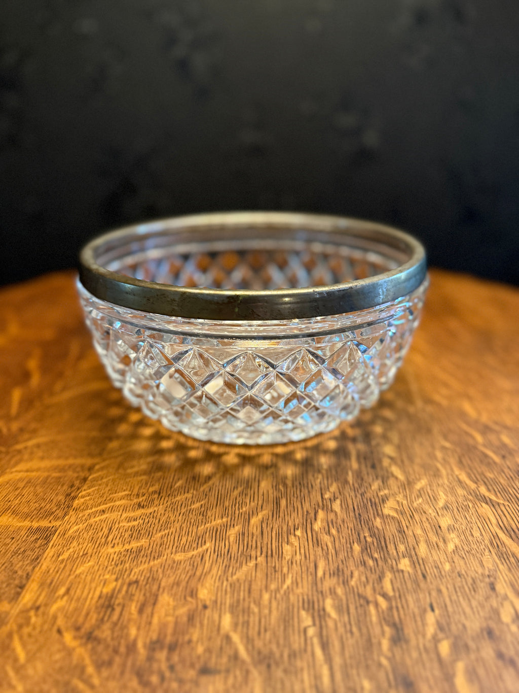 Early 20th-Century Pressed Glass Bowl with Silver-Plated Rim (Diamond Lattice & Sunburst), c. 1900–1930