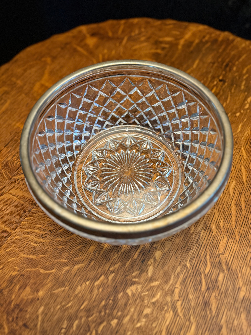 Early 20th-Century Pressed Glass Bowl with Silver-Plated Rim (Diamond Lattice & Sunburst), c. 1900–1930