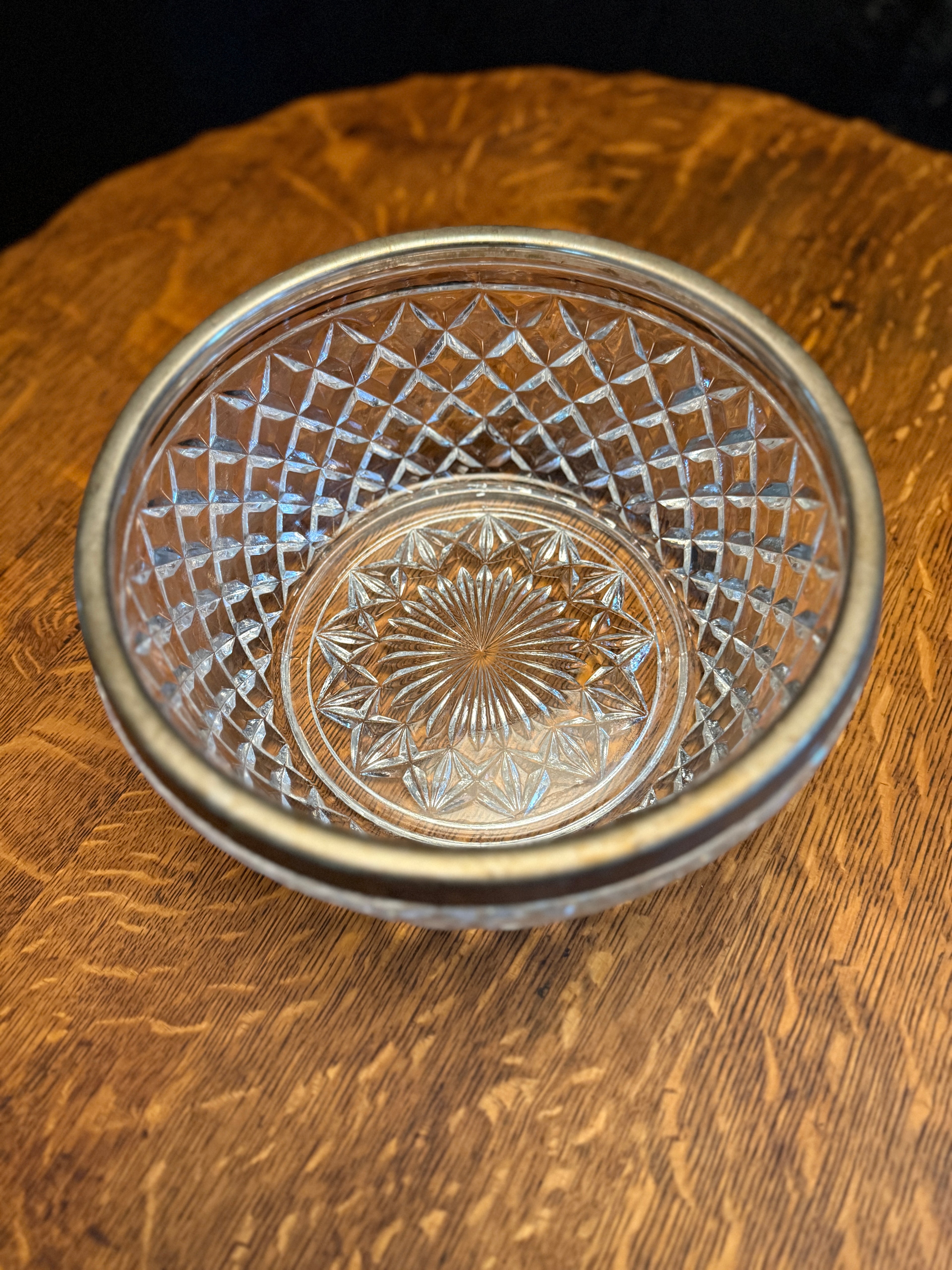 Early 20th-Century Pressed Glass Bowl with Silver-Plated Rim (Diamond Lattice & Sunburst), c. 1900–1930
