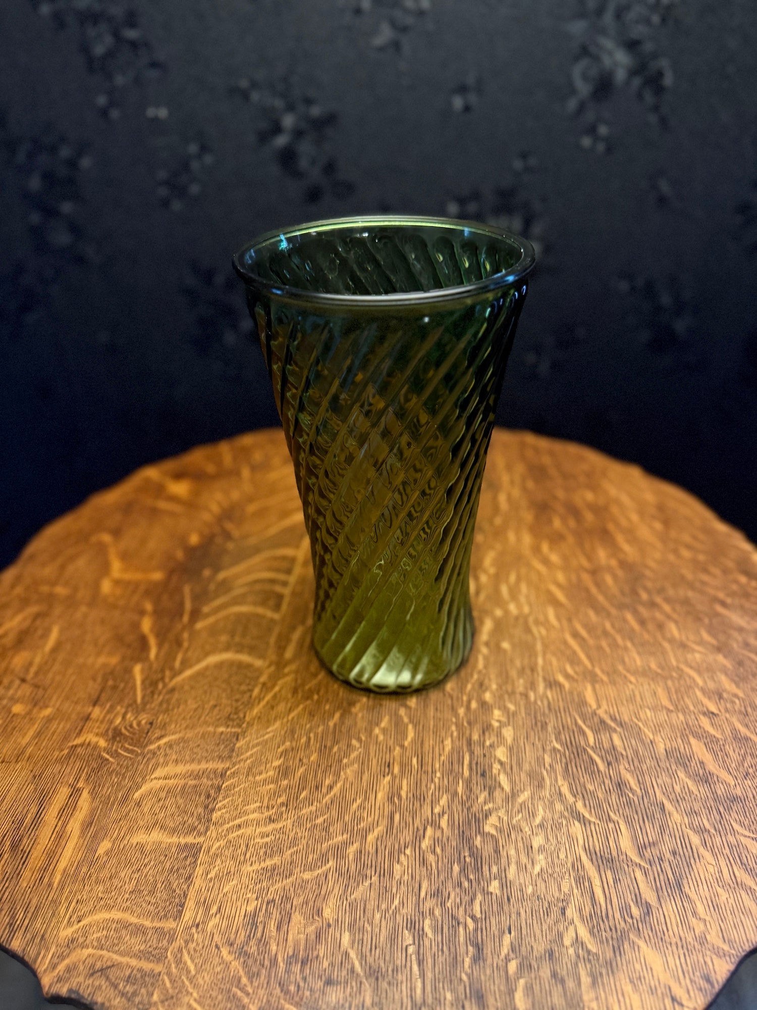 Mid-Century Emerald Green Spiral Optic Glass Vase, Circa 1950–1965