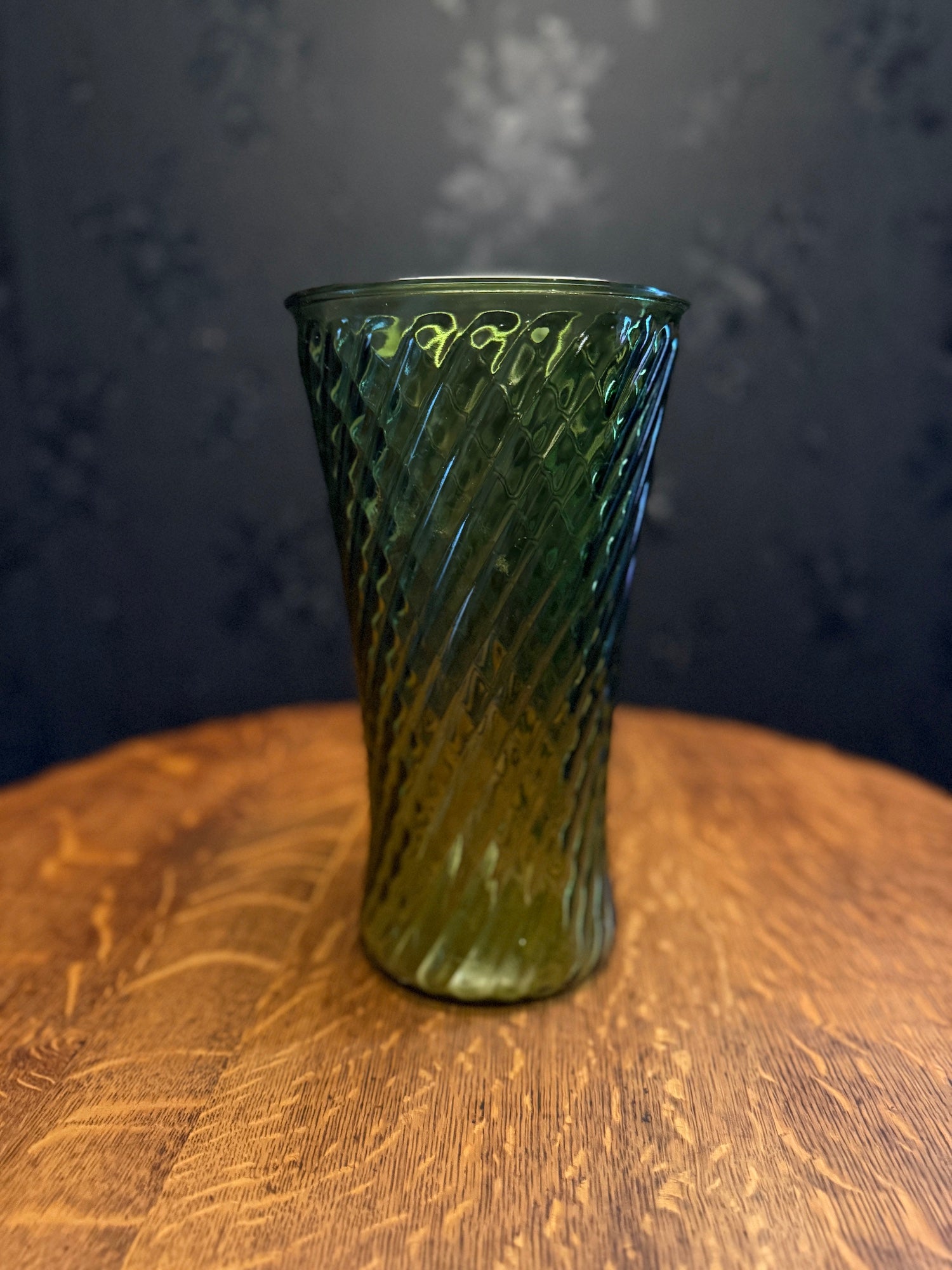 Mid-Century Emerald Green Spiral Optic Glass Vase, Circa 1950–1965