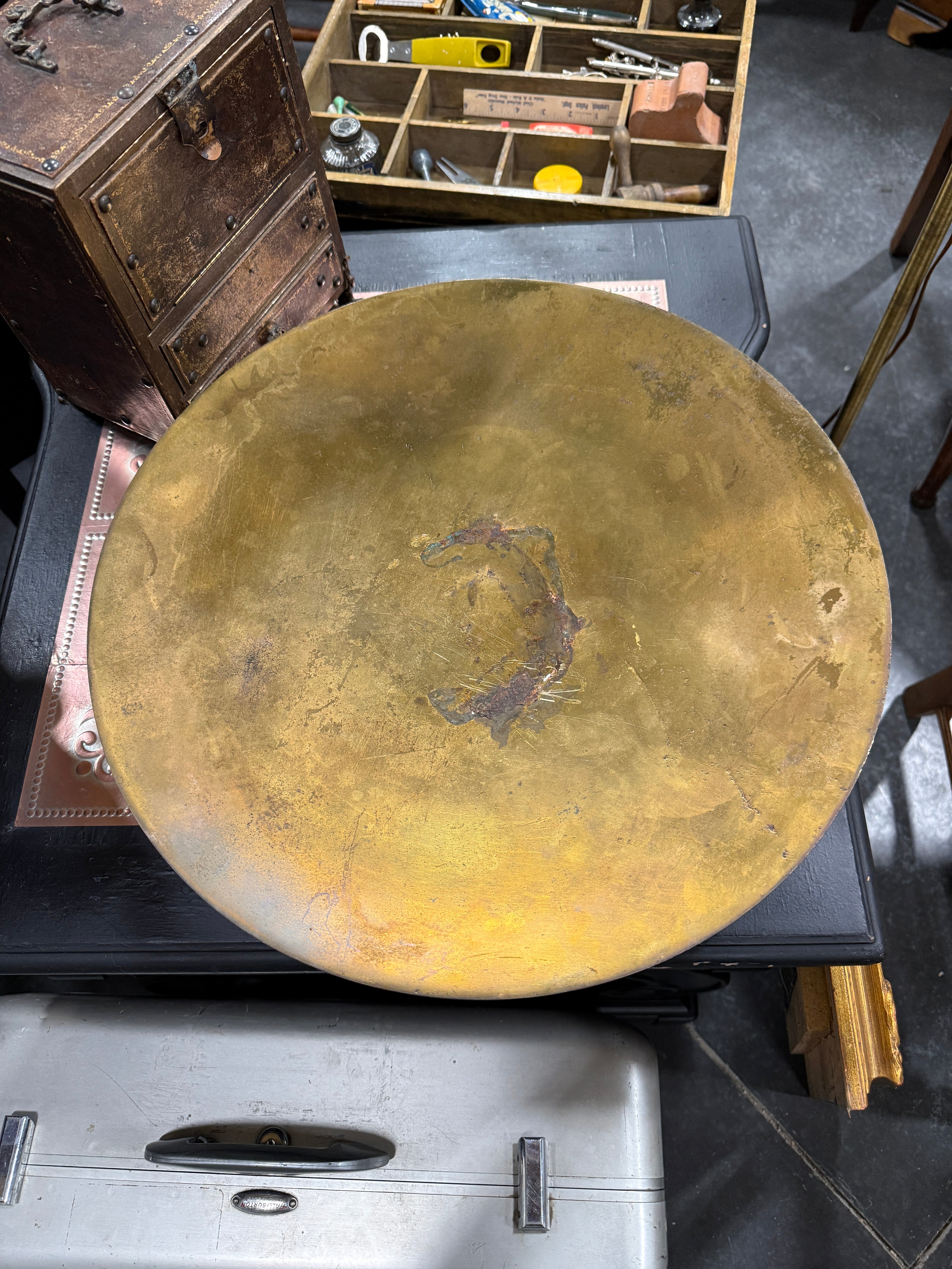 Vintage Patinated Brass Gong-Form Wall Disc, c. Mid-20th Century c 1940s