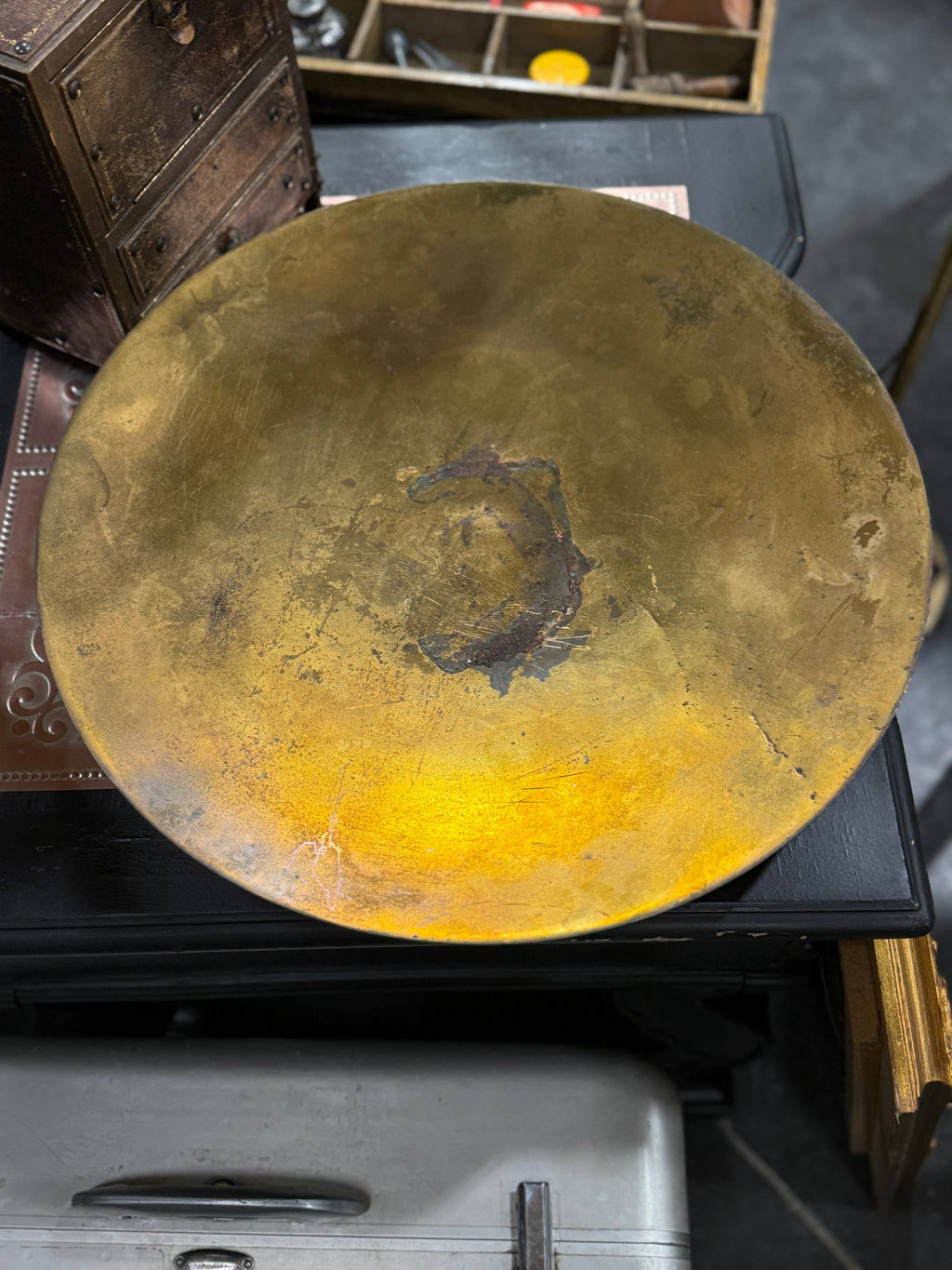 Vintage Patinated Brass Gong-Form Wall Disc, c. Mid-20th Century c 1940s