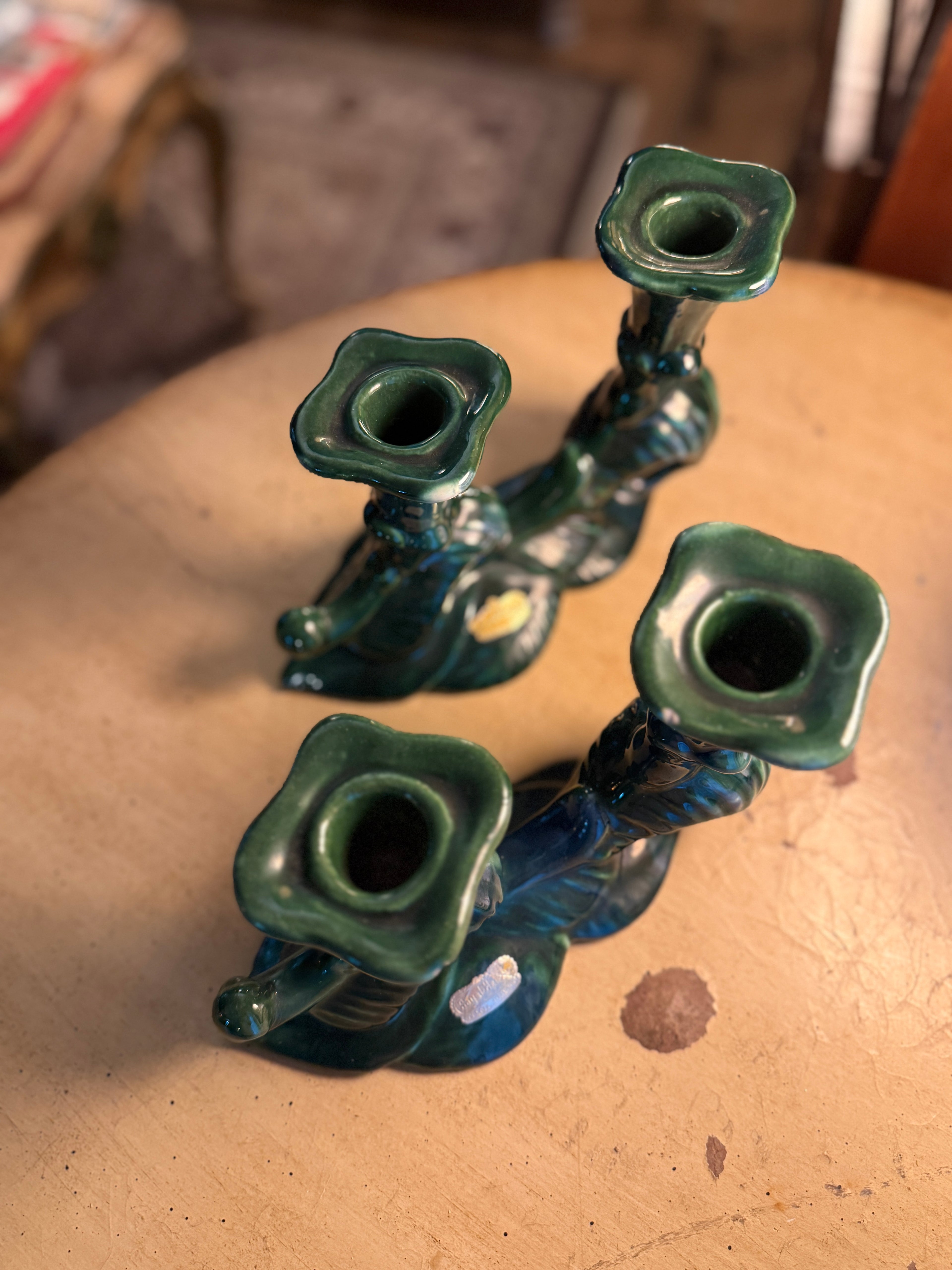 Pair of Vintage Royal Haeger Viridian Green Ceramic Double Candlestick Holders, c. 1950s