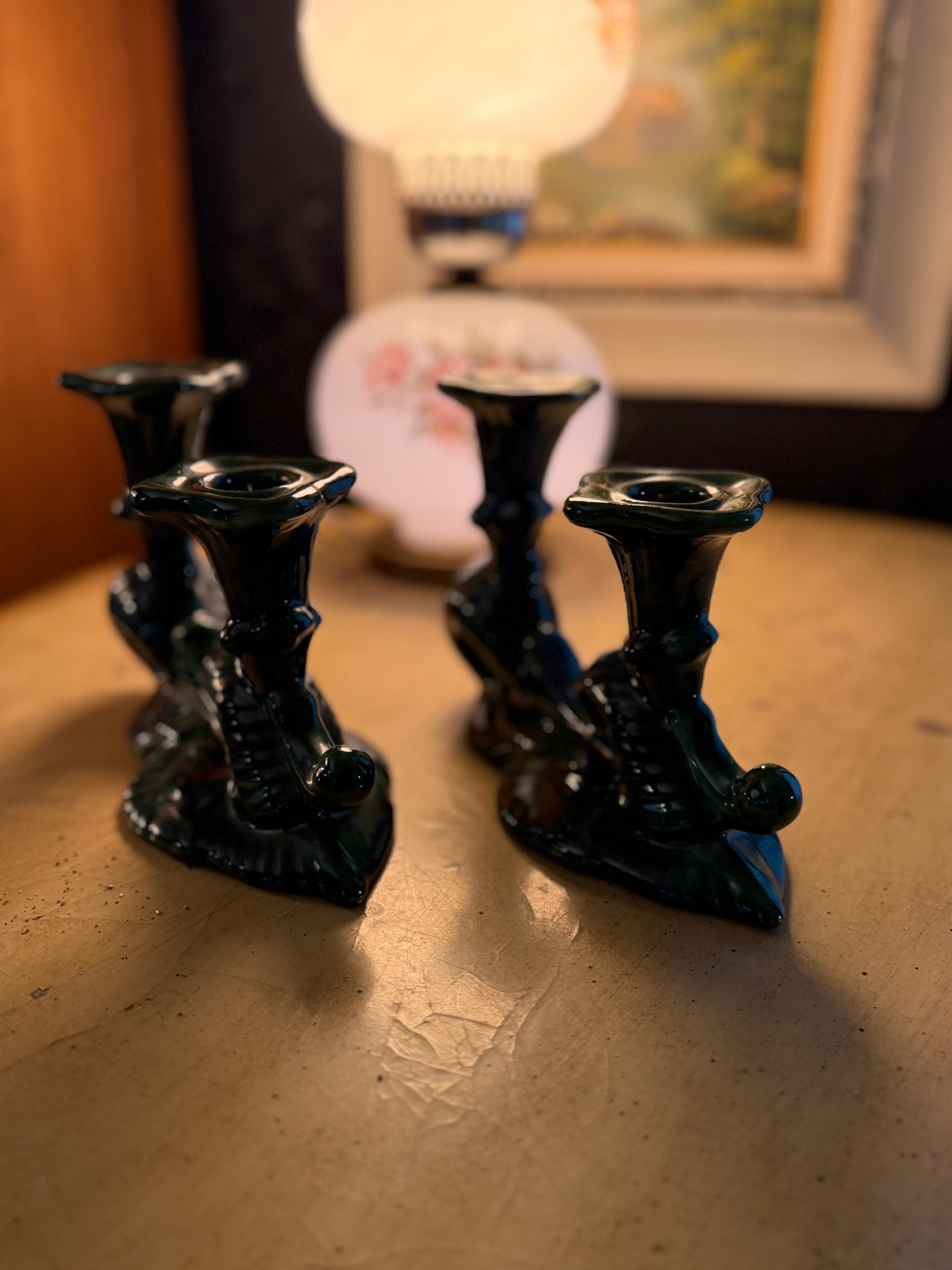 Pair of Vintage Royal Haeger Viridian Green Ceramic Double Candlestick Holders, c. 1950s