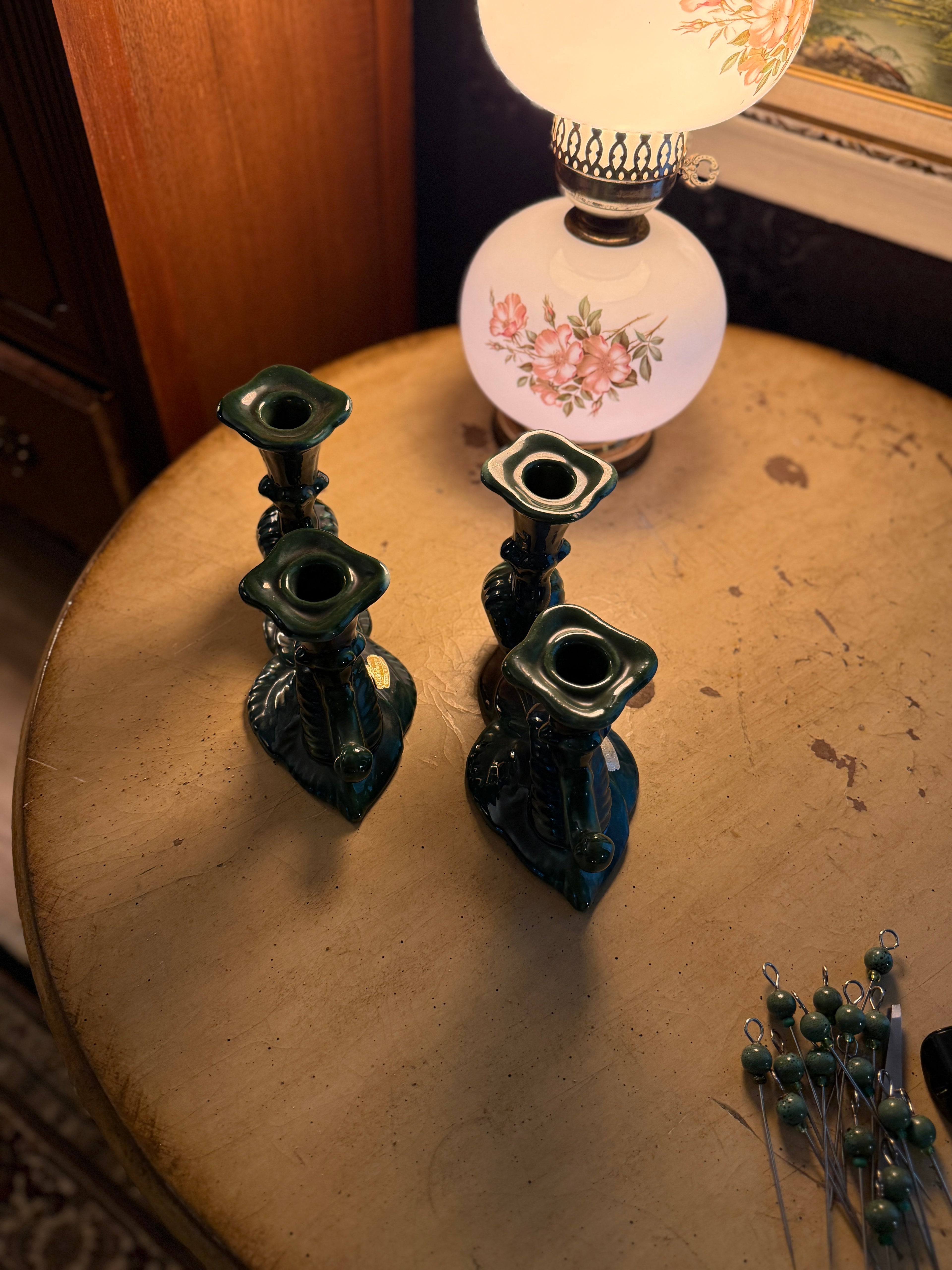 Pair of Vintage Royal Haeger Viridian Green Ceramic Double Candlestick Holders, c. 1950s