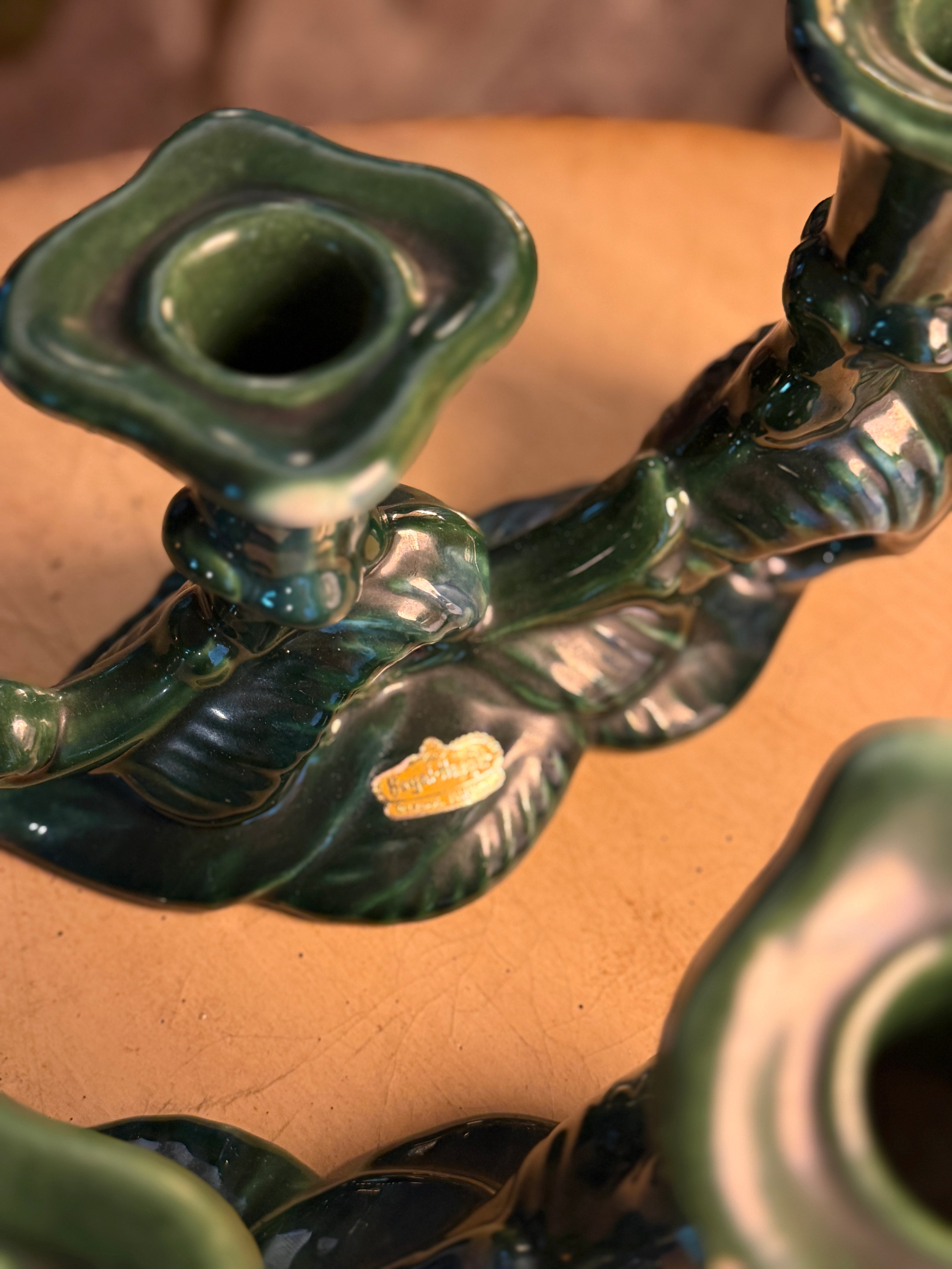Pair of Vintage Royal Haeger Viridian Green Ceramic Double Candlestick Holders, c. 1950s
