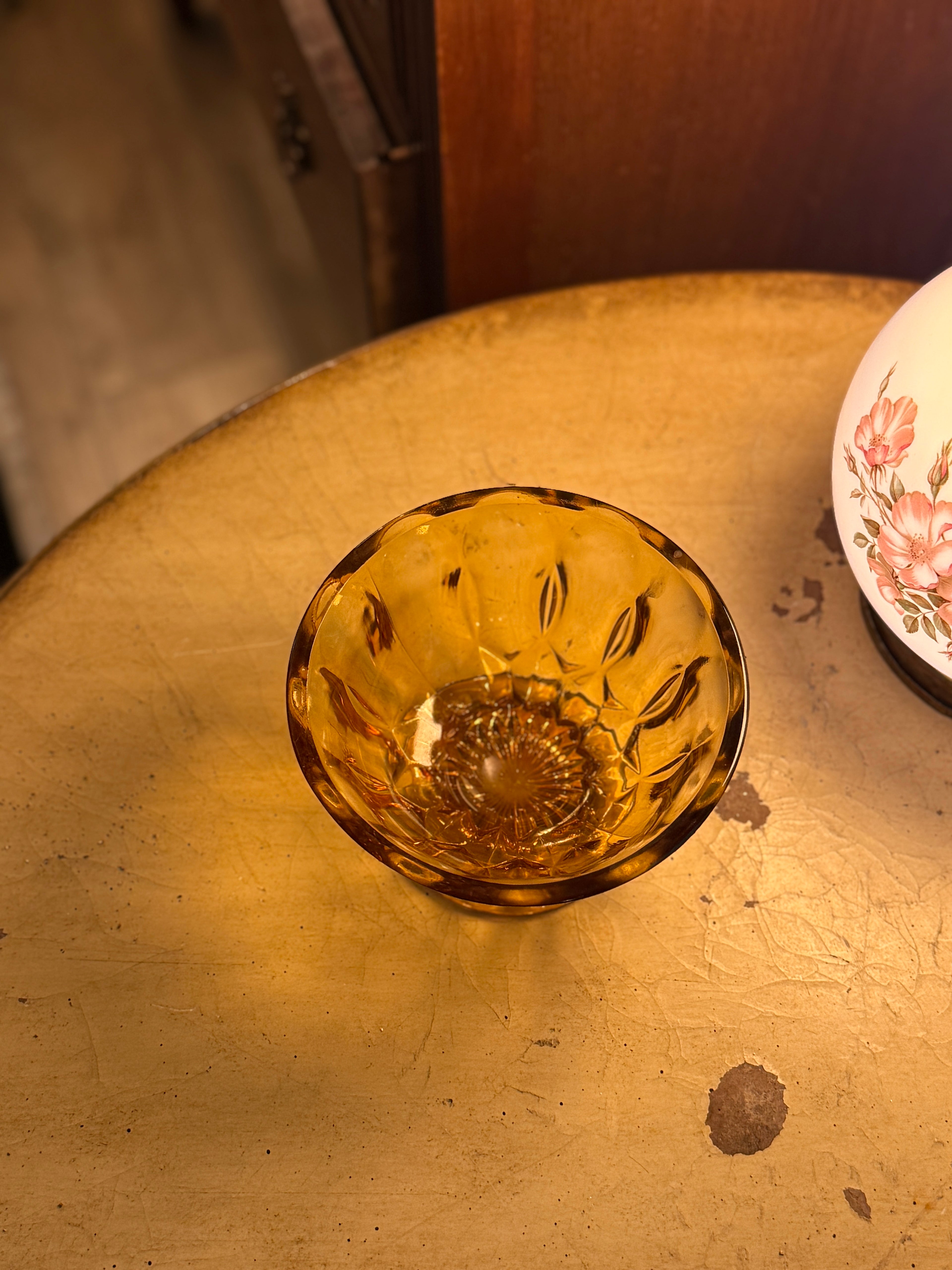 Vintage Honey Amber Pressed Glass Footed Candy Bowl, c. 1940s–1960s