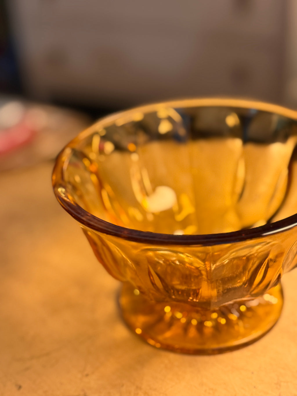 Vintage Honey Amber Pressed Glass Footed Candy Bowl, c. 1940s–1960s
