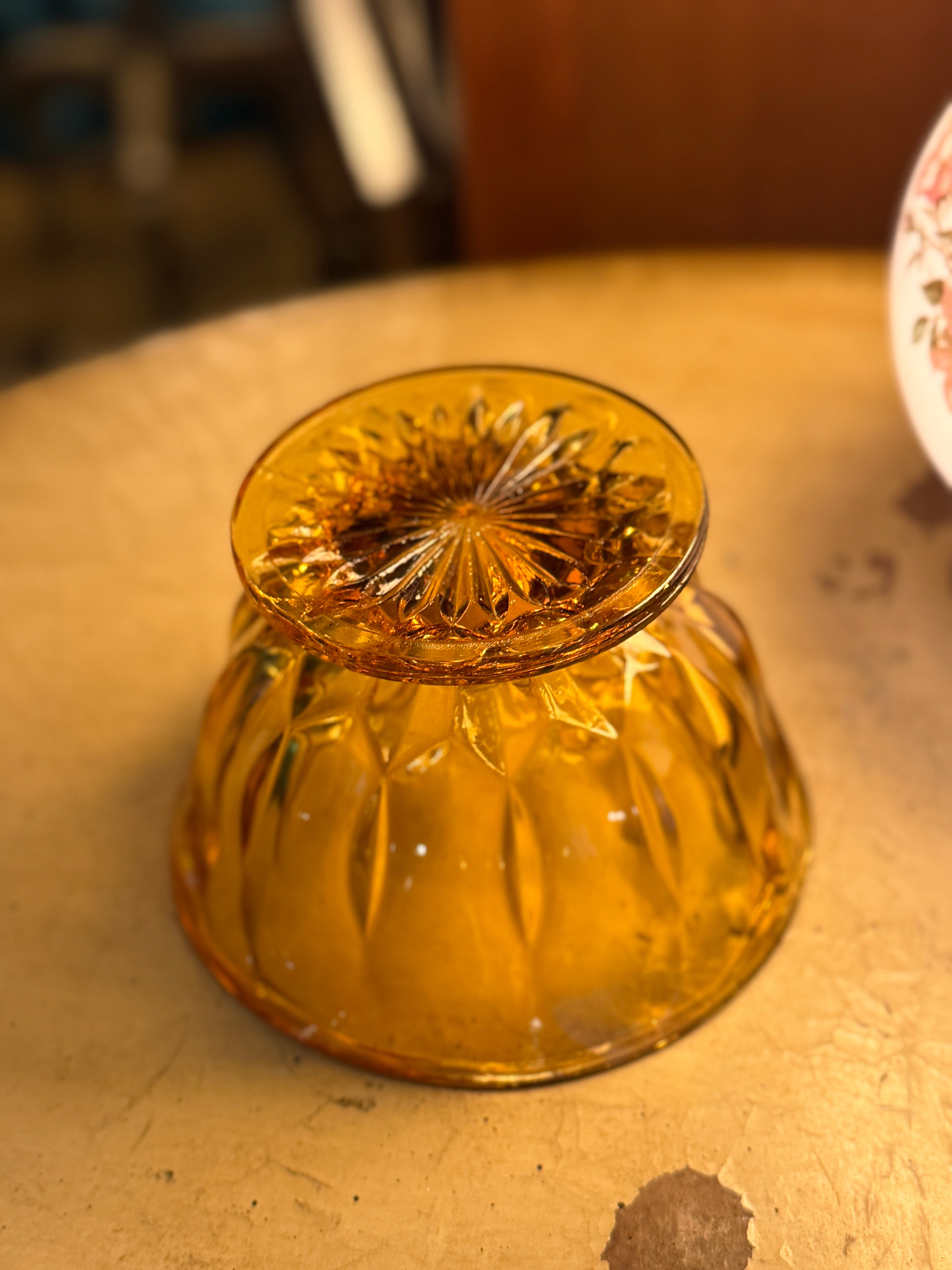 Vintage Honey Amber Pressed Glass Footed Candy Bowl, c. 1940s–1960s