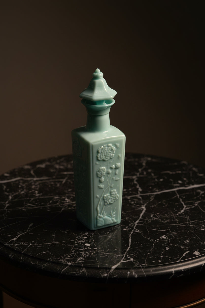Vintage Aqua Jade Slag Glass Floral Liquor Decanter, c. 1970s